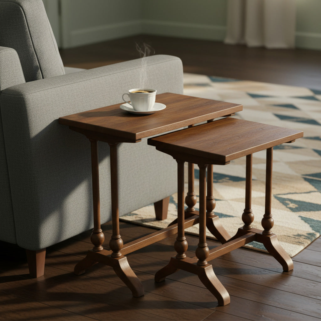 Fairfax Nest of Tables with warm wood finish, traditional turned legs, and cozy living room placement next to gray sofa