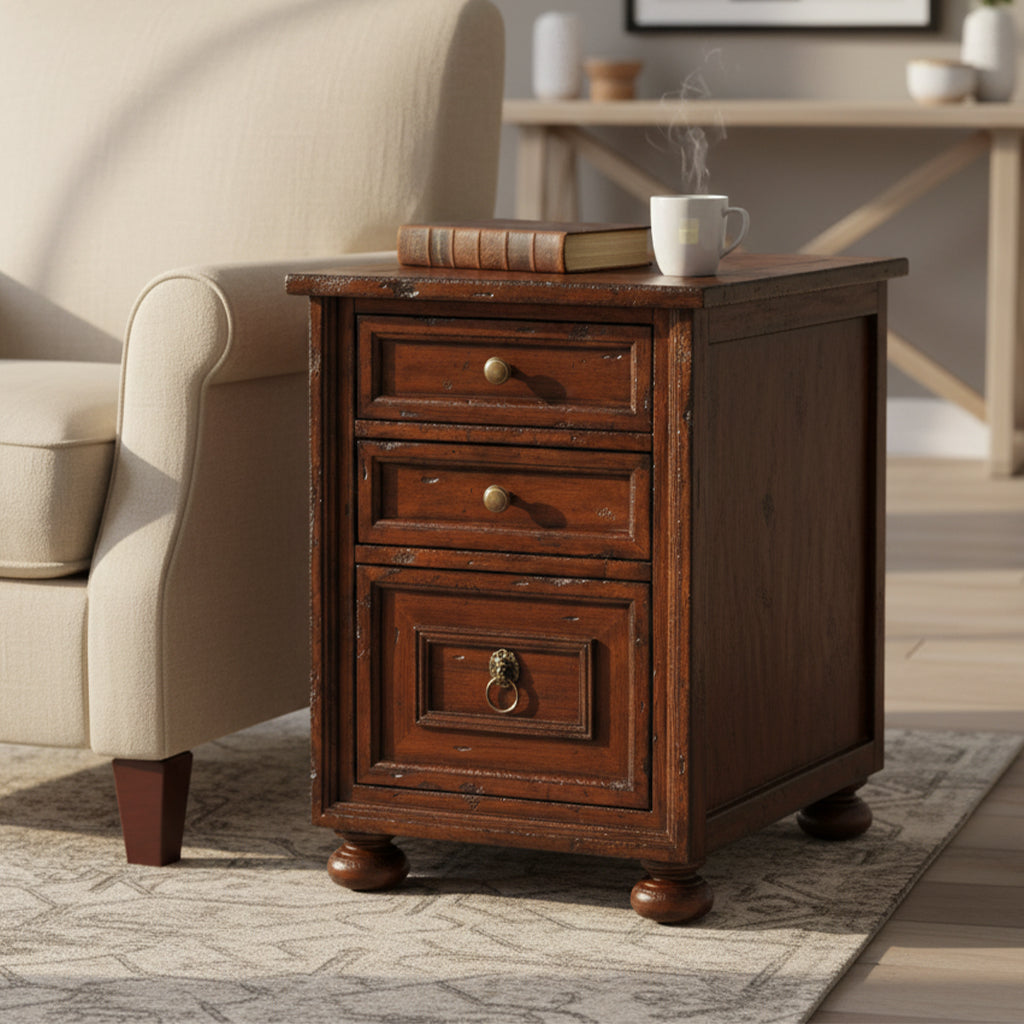 Havana Chairside Chest with mahogany solids and veneers, three drawers, antique brass hardware, and distressed antique finish