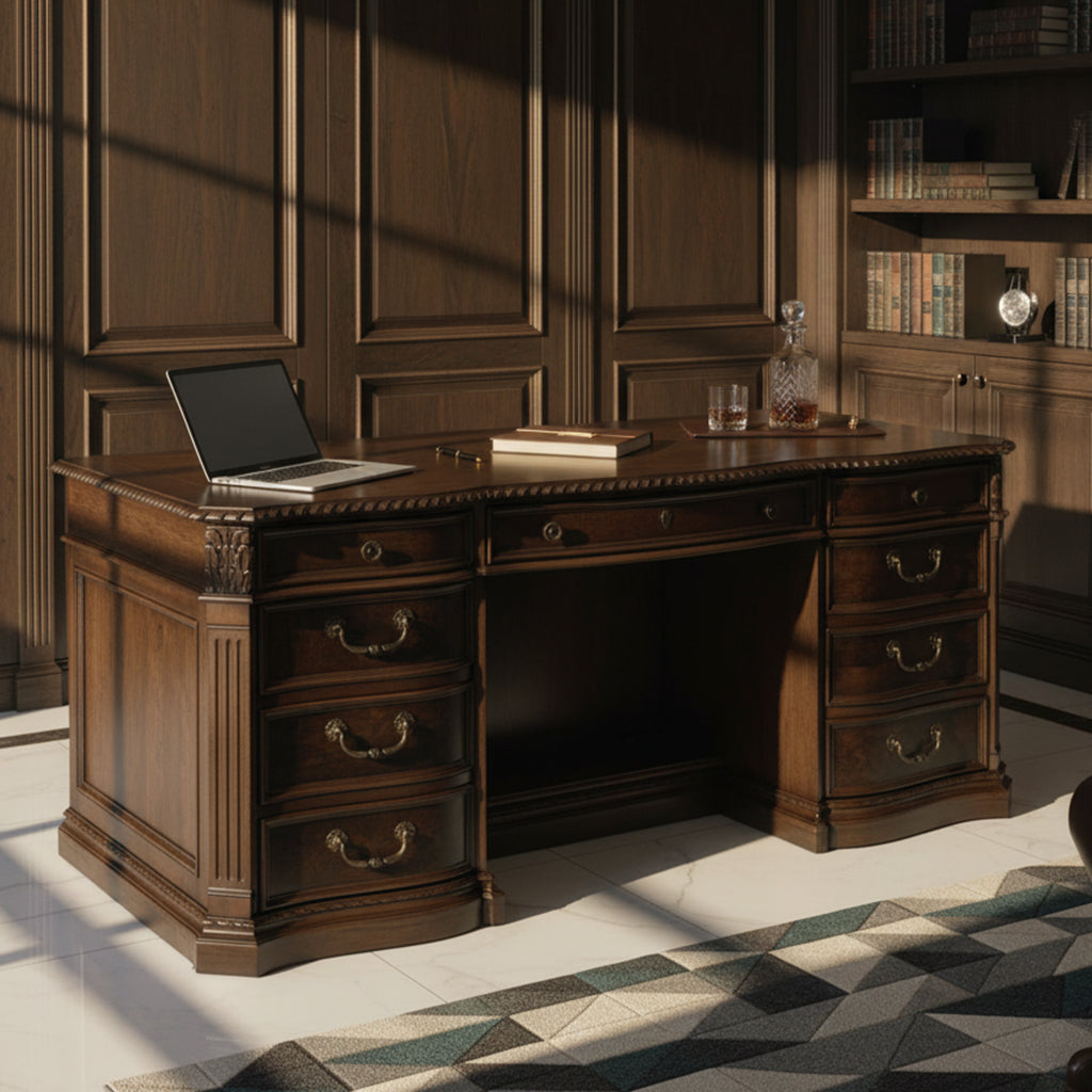 Old World Walnut Burl executive credenza with walnut inlay top, multiple drawers, pull-out shelves, and wire management system