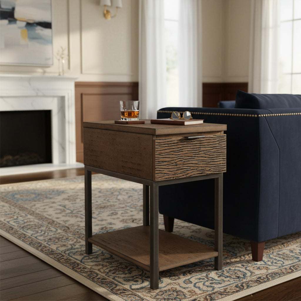 Organic Living End Table with single drawer featuring irregular reeded carving, wood top, metal frame, and lower shelf