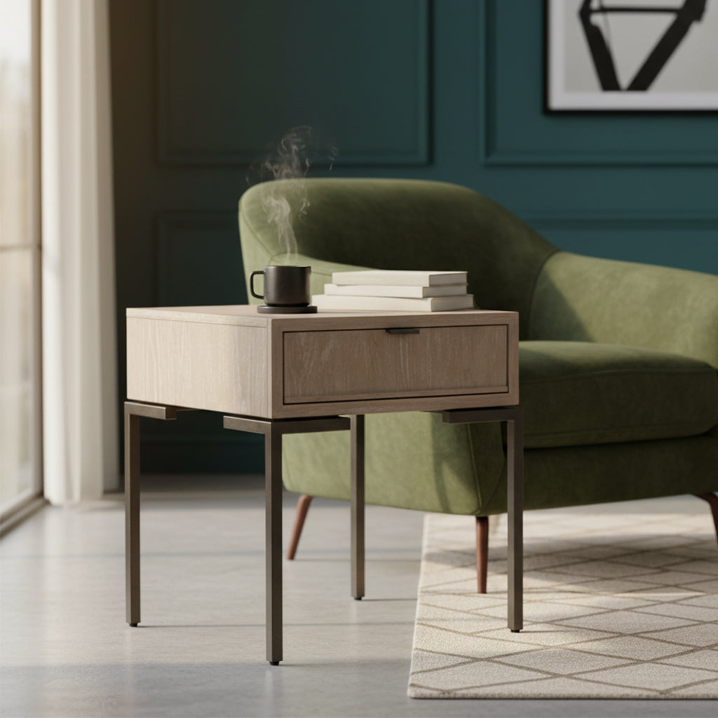 Scottsdale end table with mindi veneer and solids, single drawer, aged iron pull, and aged iron square legs