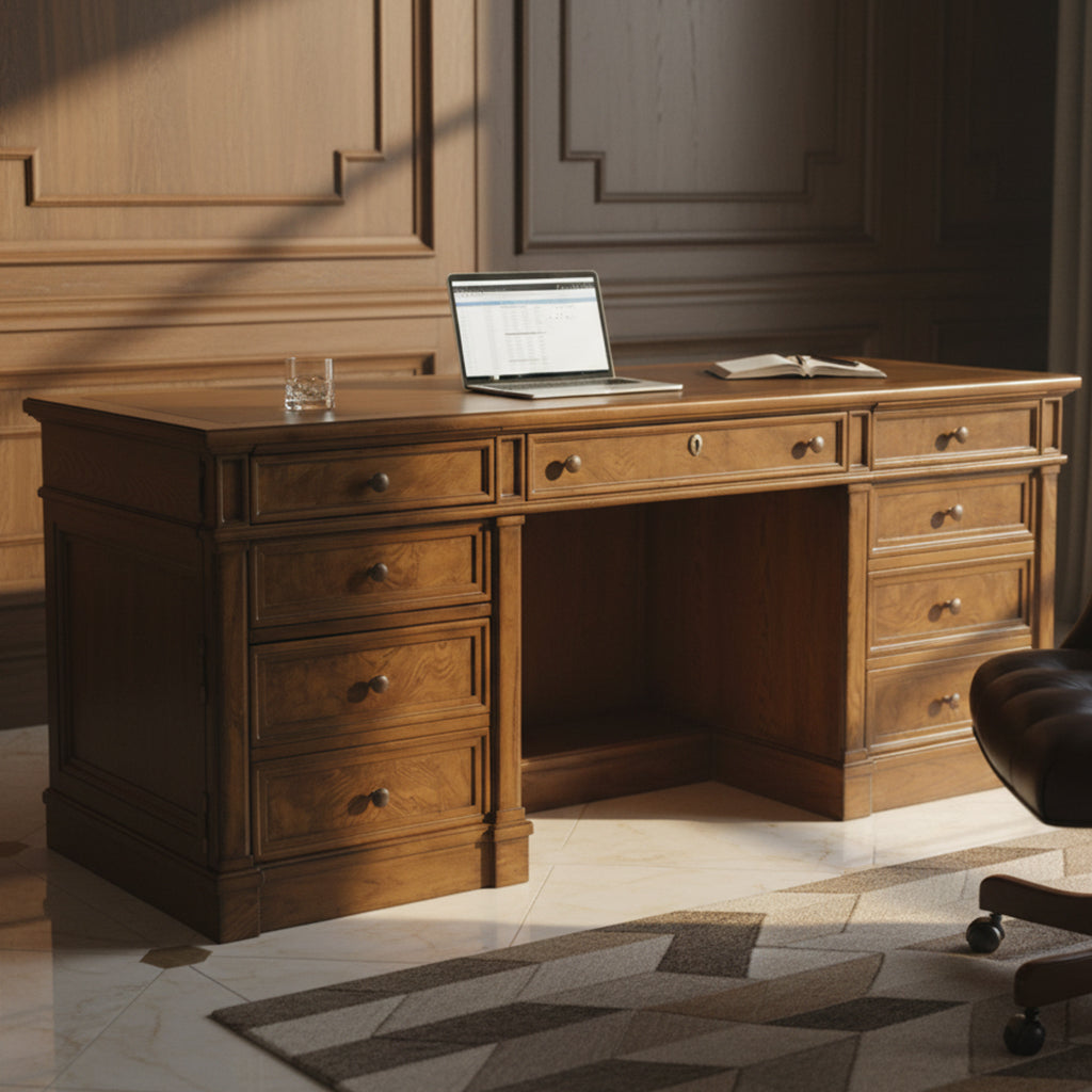 Urban Ash Burl Executive Credenza with multiple drawers, leather top, wire management, and pull-out writing surface