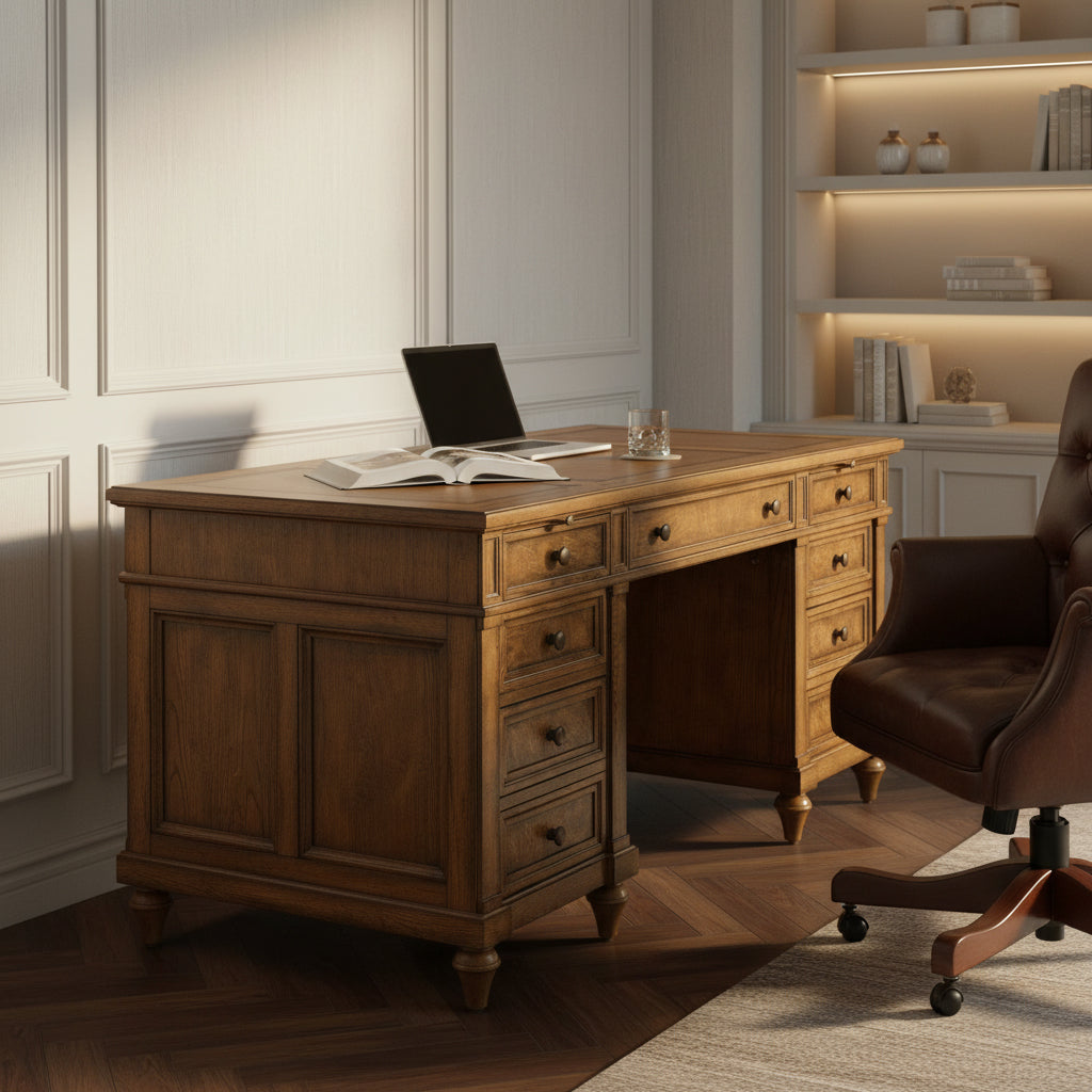 Junior executive desk with Urban Ash Burl finish, leather top, multiple drawers, and drop-front detail in office setting.