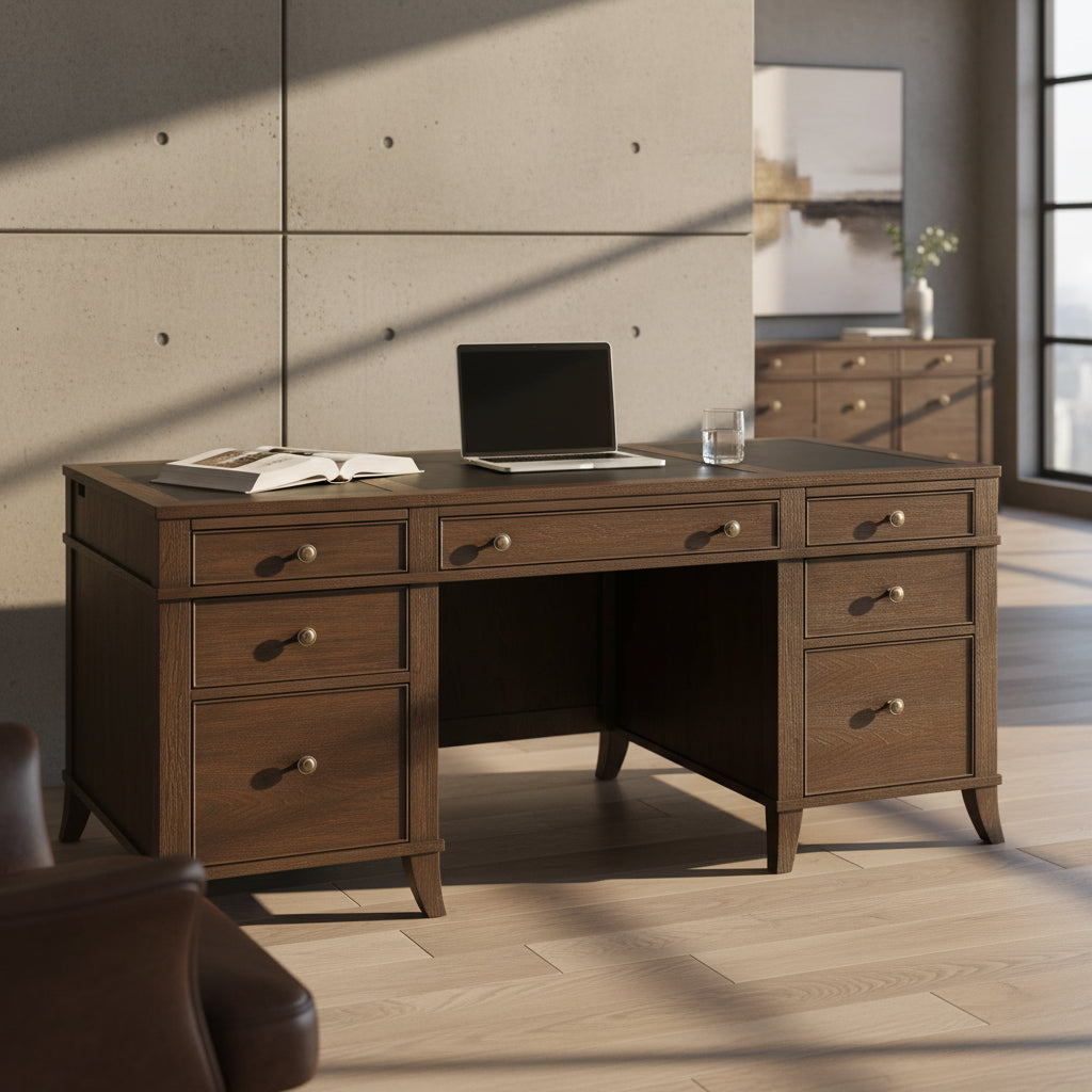 Urban Junior Executive Desk with leather-framed work surface, select veneer and solids, four box drawers, two file drawers, and drop front center drawer