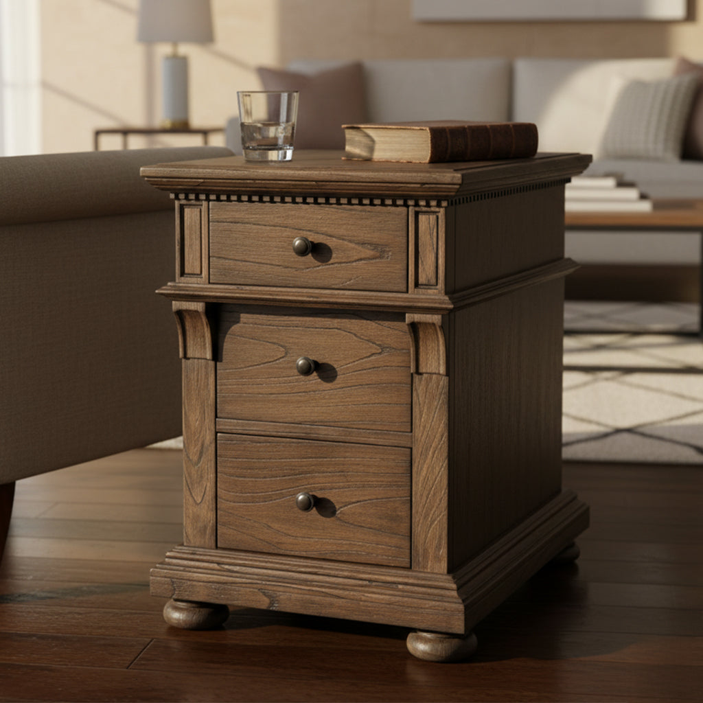 Wellington Estates chairside chest with mindi veneers and solids, three drawers, dentil molding, and java finish