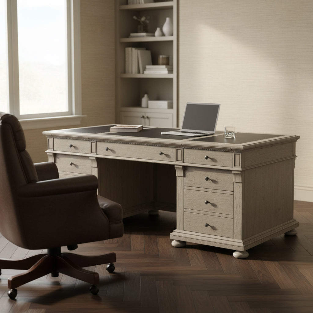 Executive desk with leather top, mindi wood finish, multiple drawers, and a brown leather office chair in a bright room.