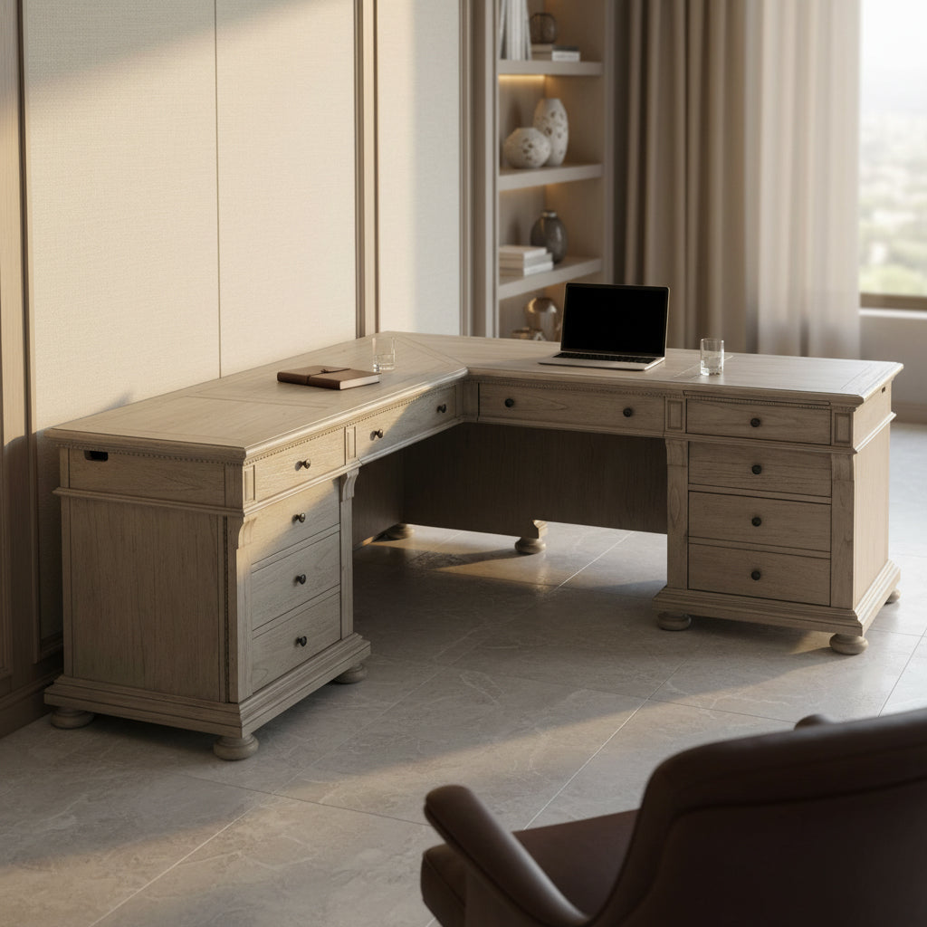 Wellington Estates Office Executive L-shape desk with mindi veneers, driftwood finish, antique brass hardware, and drop-front keyboard drawer