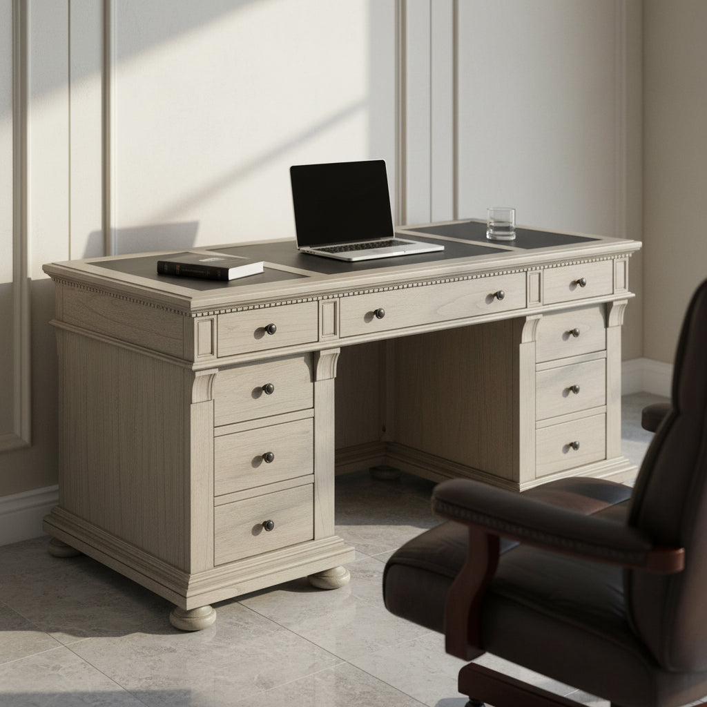 Wellington Estates Office Junior Executive Desk with leather panel top, mindi veneers, four box drawers, and two file drawers