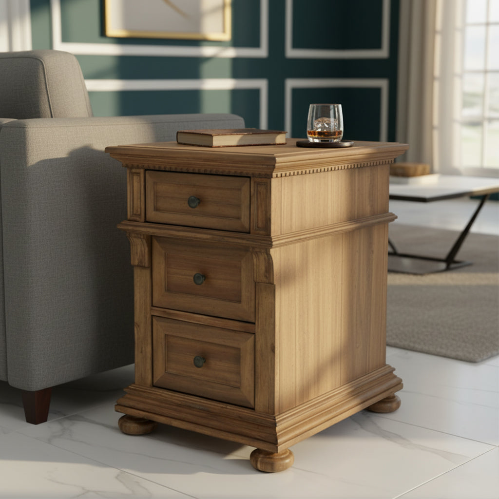 Wellington Hall chairside chest with acacia veneers and solids, three drawers, dentil molding, and rustic antique brass hardware