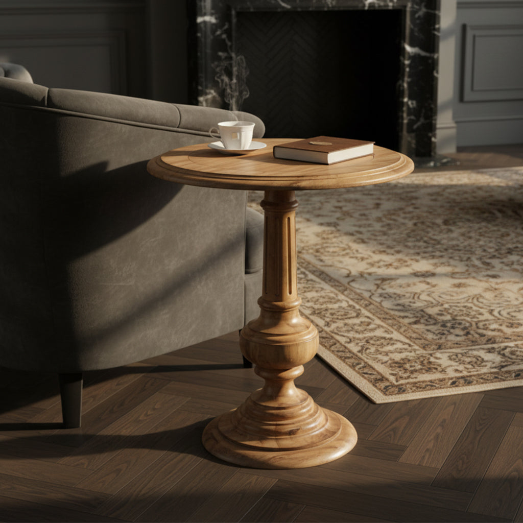 Wellington Hall end table with acacia veneers, tapered fluted pedestal, urn turning, and natural wood finish
