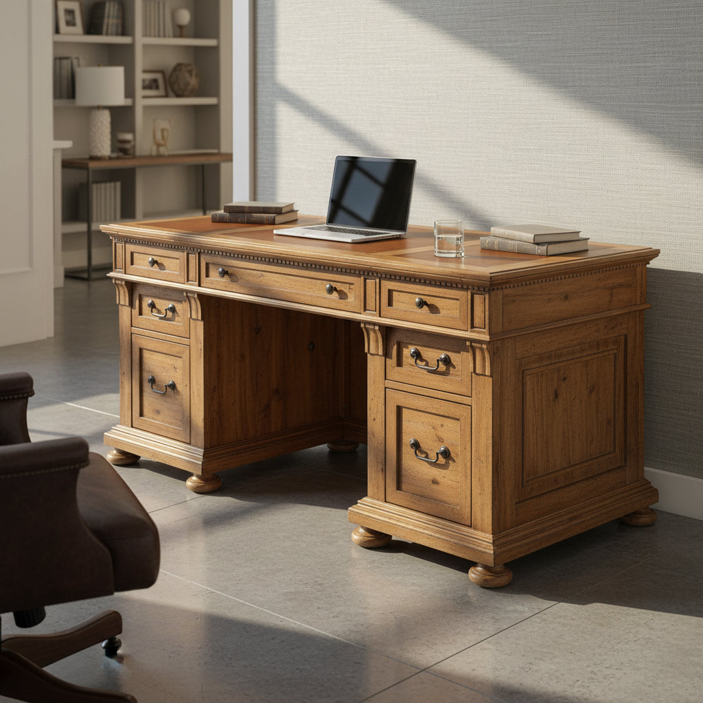 Wellington Hall Office Junior Executive Desk with acacia veneers, leather top panels, four box drawers, and metal slide file drawers