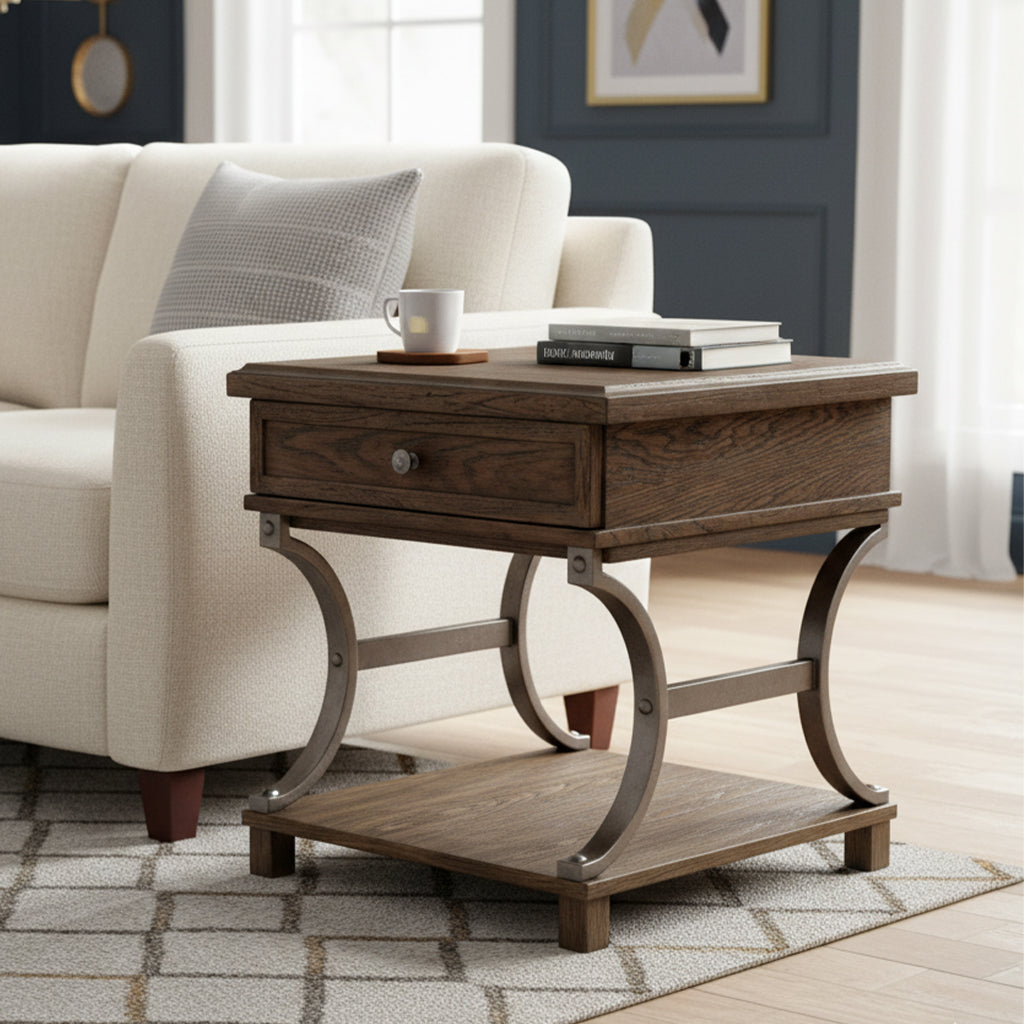 Wexford end table with oak veneer and mindi solids, inset molded top edge, metal curved legs, drawer, and lower shelf