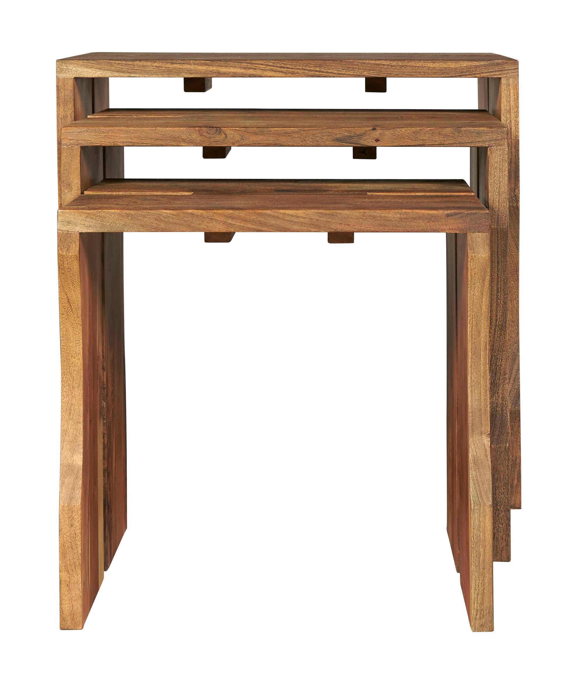 Set of three nesting tables made of solid Acacia wood with natural finish and exposed dovetail joinery