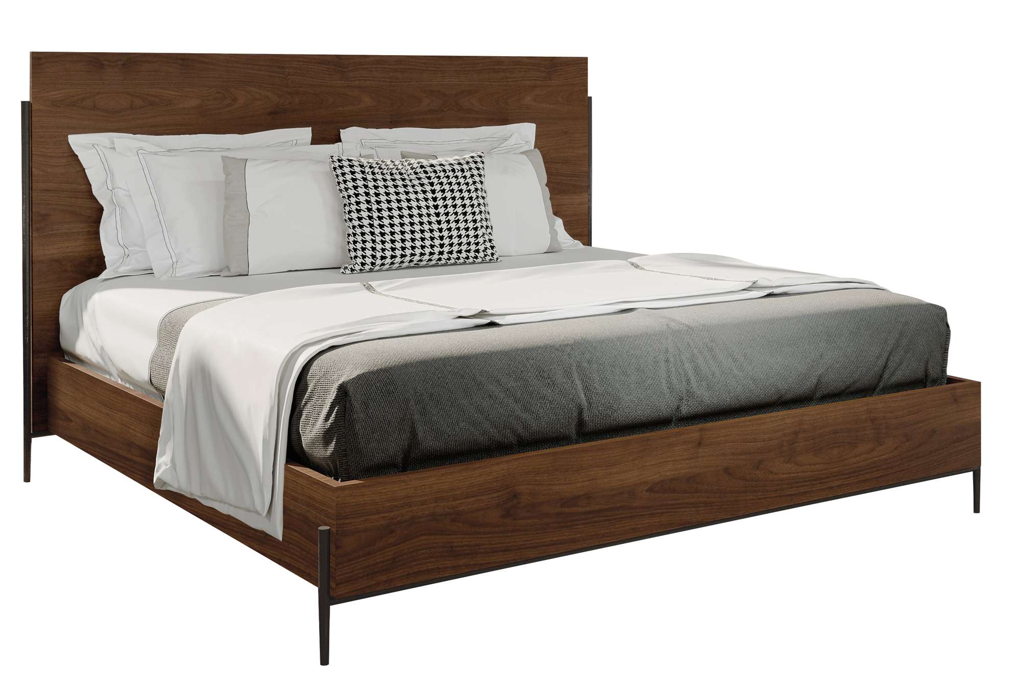 Bedford Park Queen Panel Bed with solid mango wood frame, Bedford Tobacco finish, and aged iron base with adjustable rails