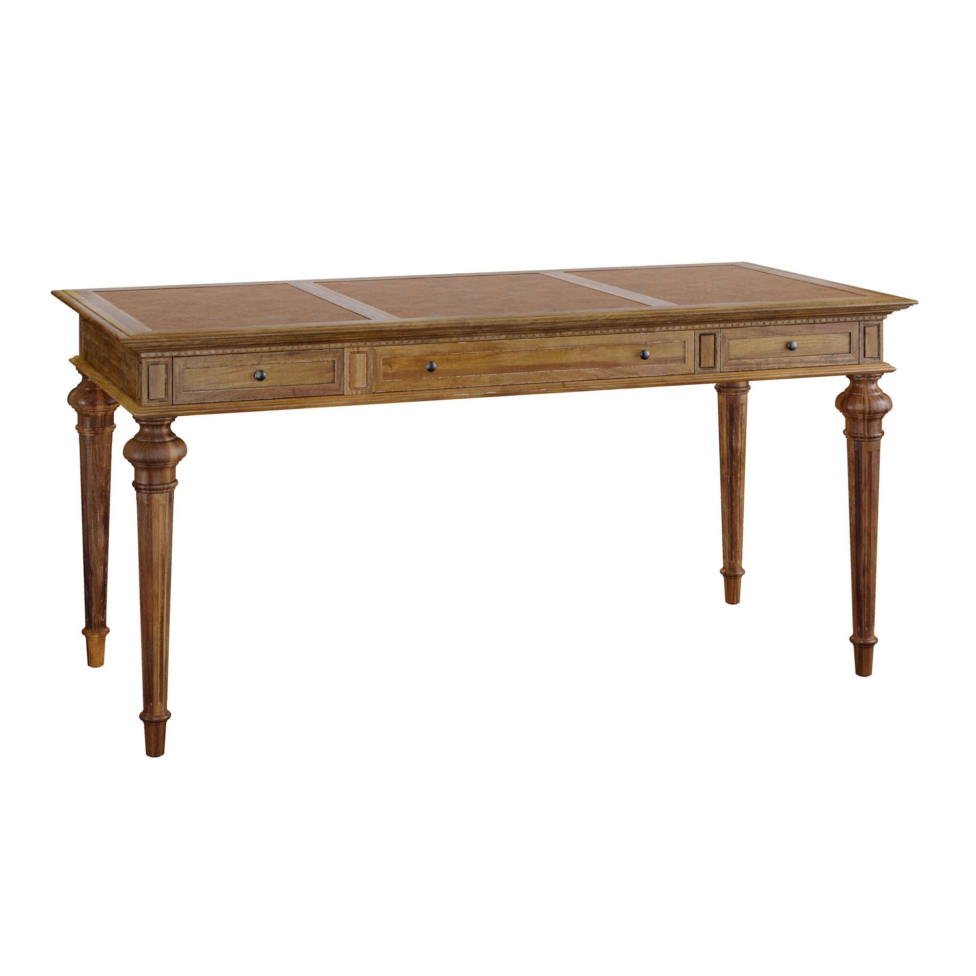 Wellington Hall office desk with acacia solids and veneers, leather panel top, three drawers, and carved wood legs