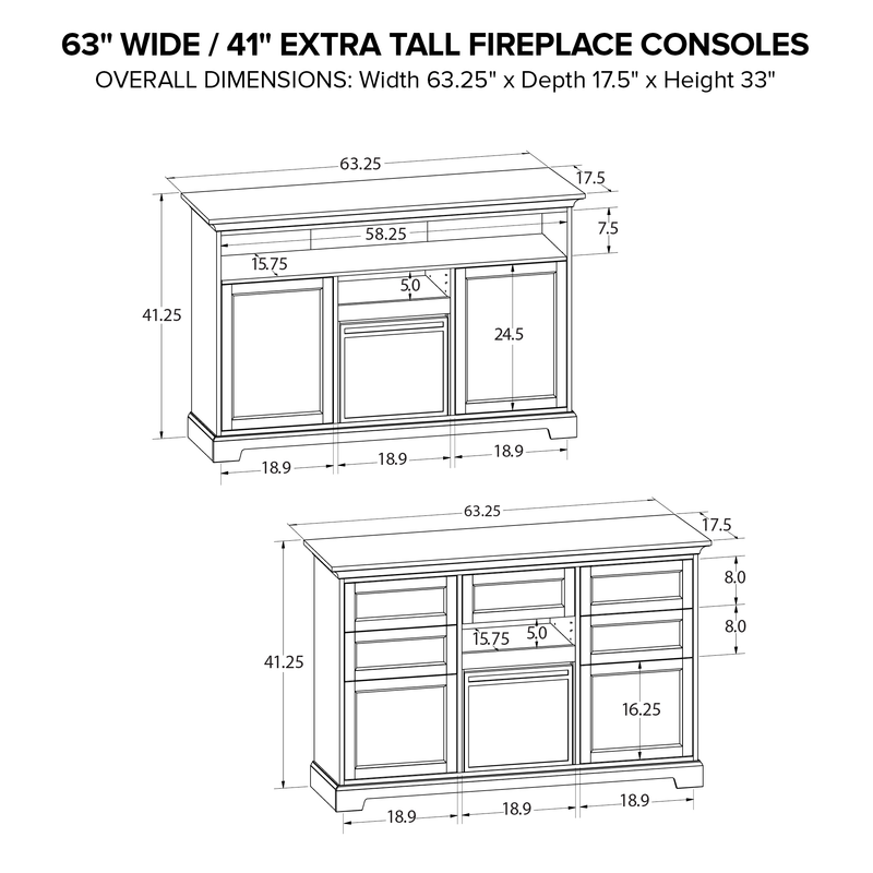 63" Wide / 41" Extra Tall Fireplace Console