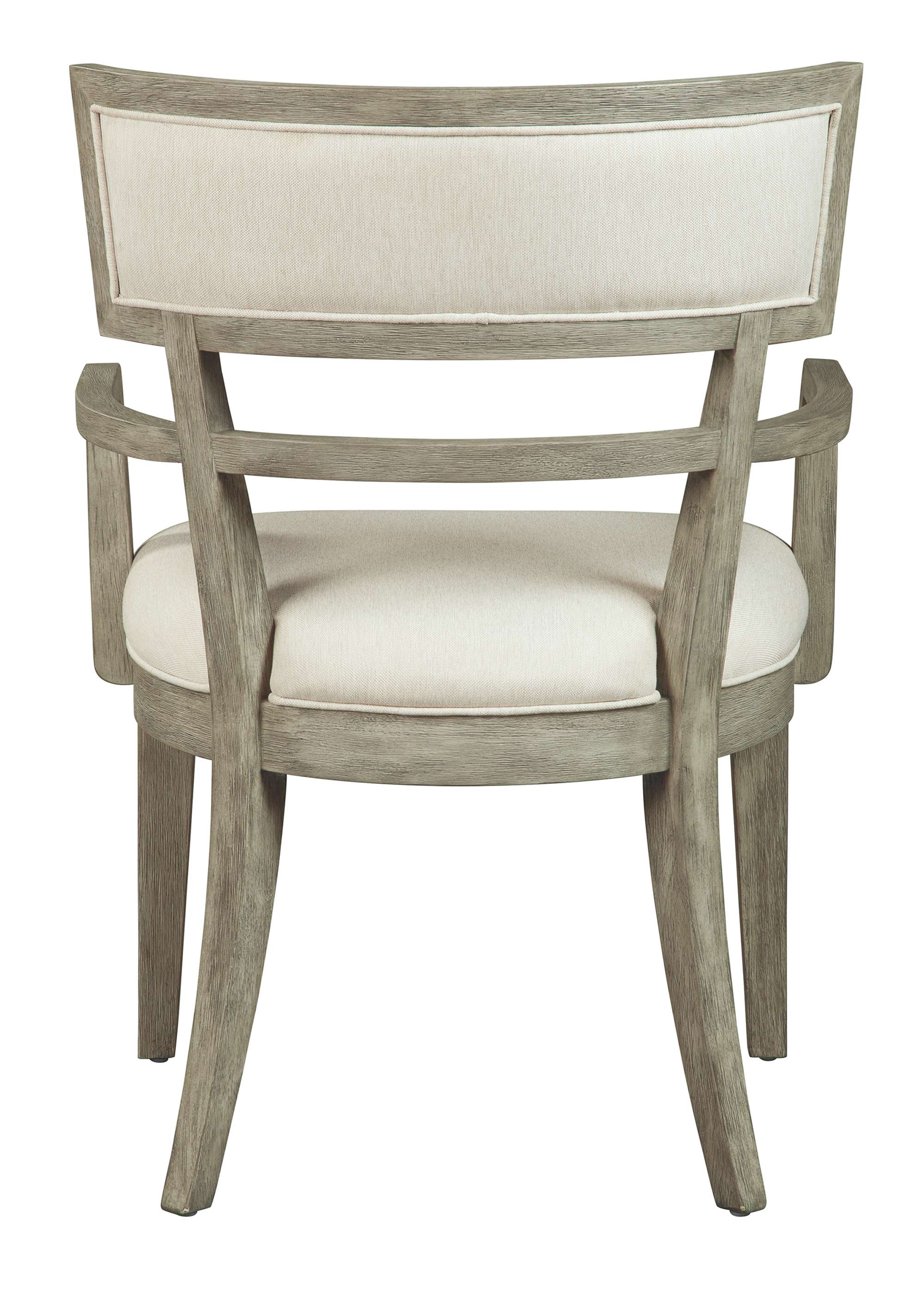 Bedford Park dining arm chair with mango wood frame, heavyweight linen upholstery, and light natural finish back view