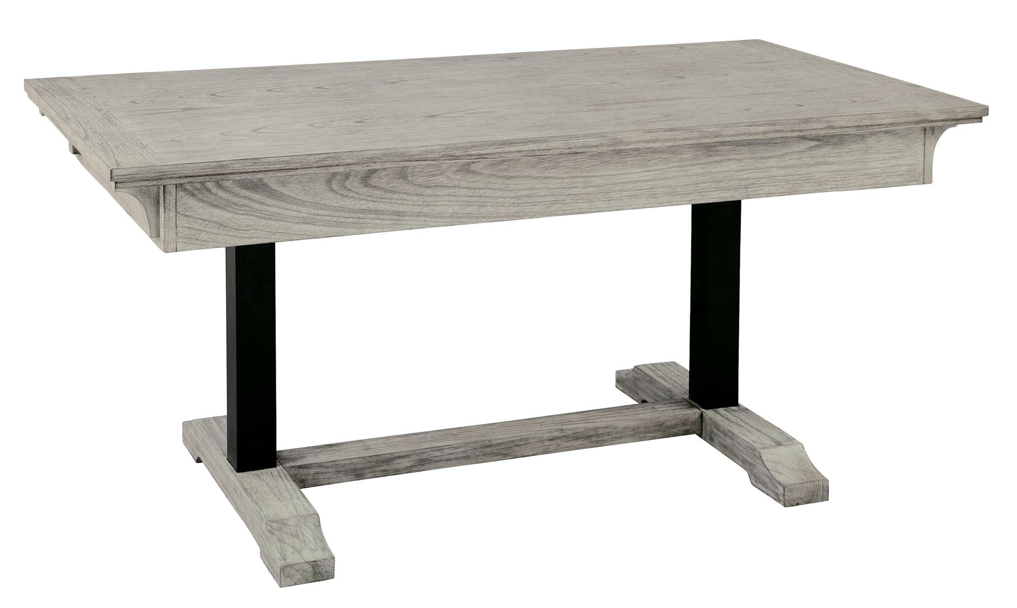 Adjustable height desk with mindi wood veneer top, solid wood base, and metal legs in a light gray finish