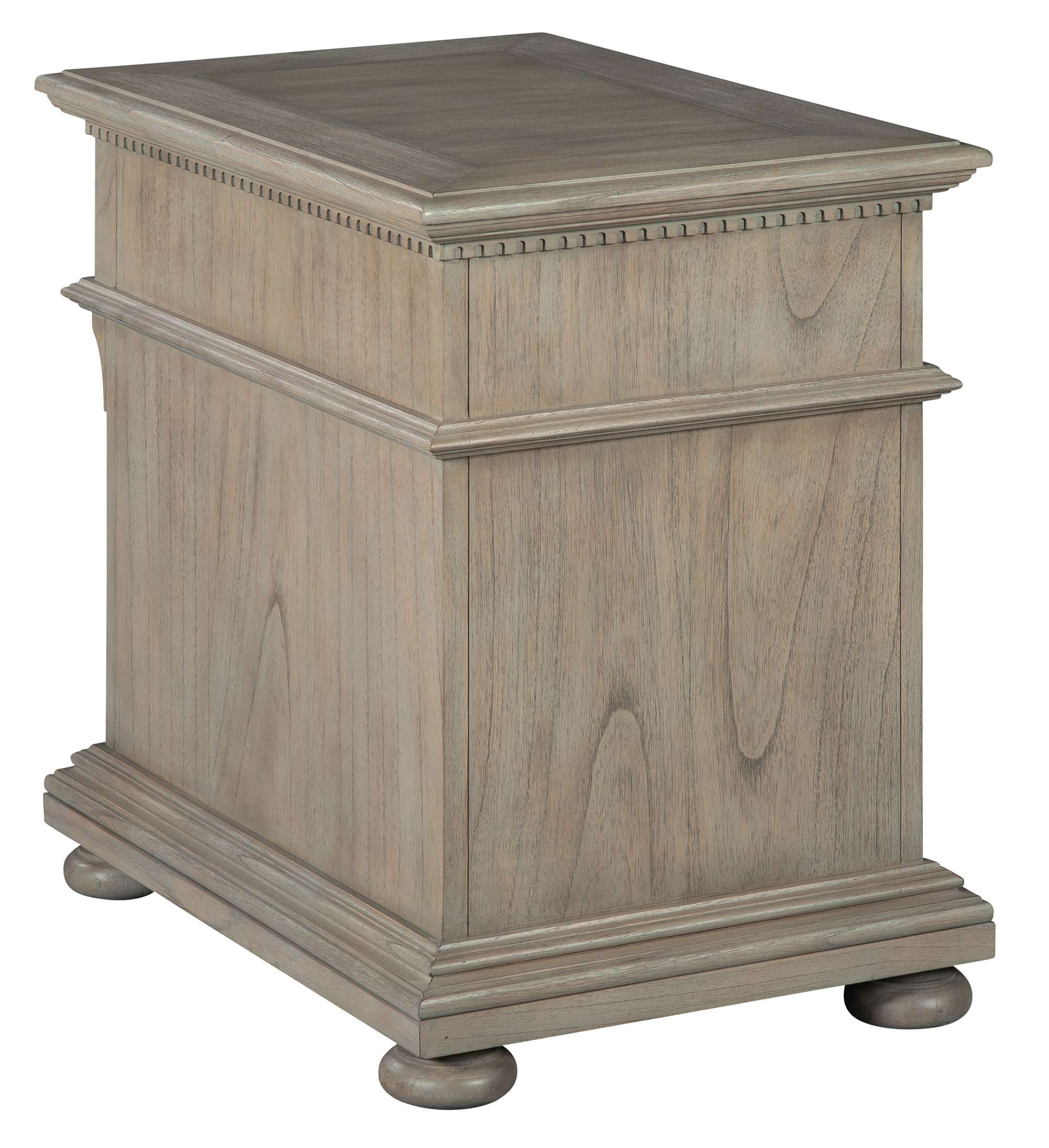 Wellington Estates chairside chest with mindi veneers and solids, dentil molding, rustic brass hardware, and driftwood finish