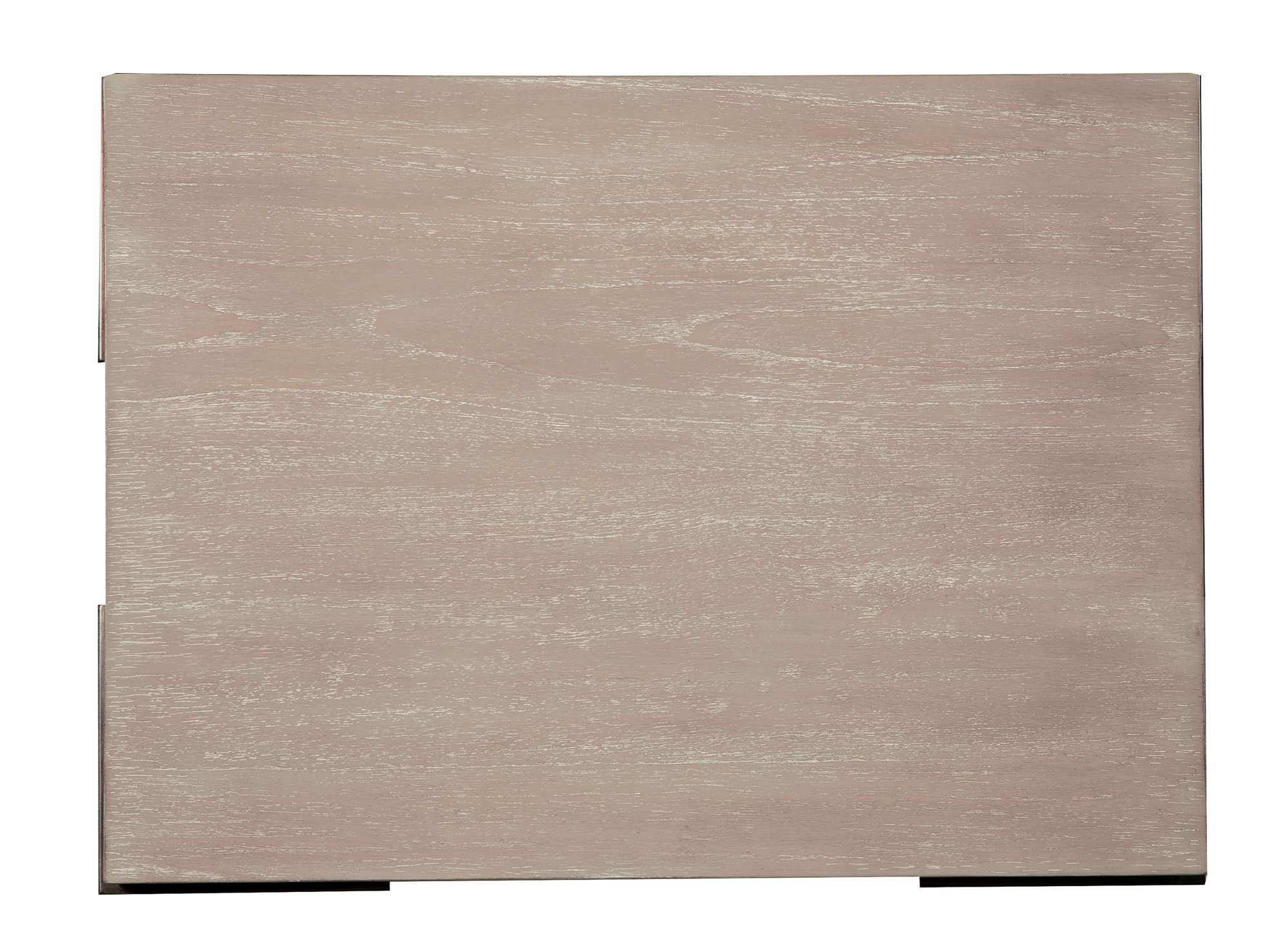 Scottsdale Nest of Tables top in mindi veneer and solids with Scottsdale finish and aged iron legs visible beneath