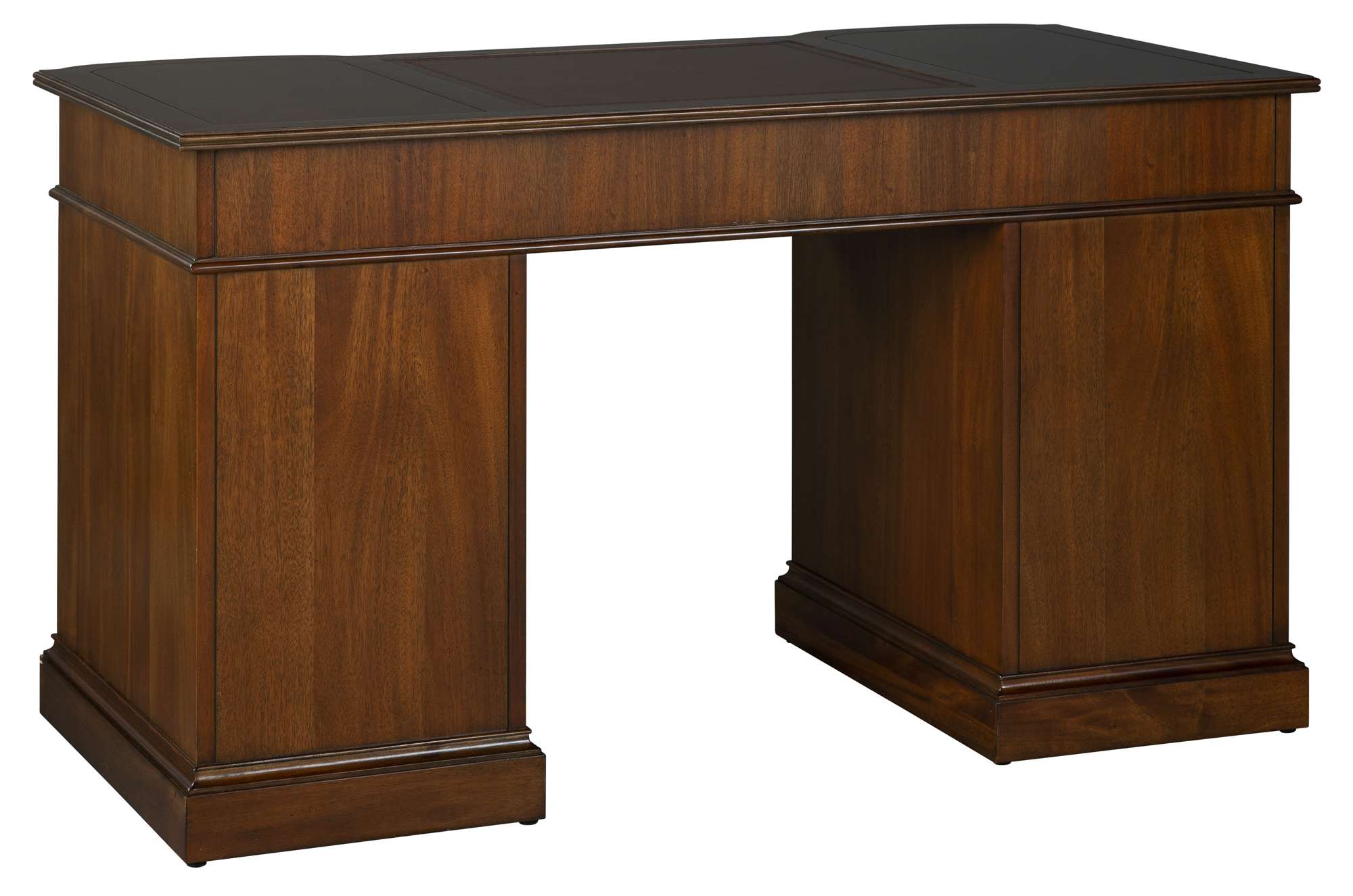 Desk with dark brown leather center top panel, cherry veneer and birch solids, two box drawers and file drawer per pedestal