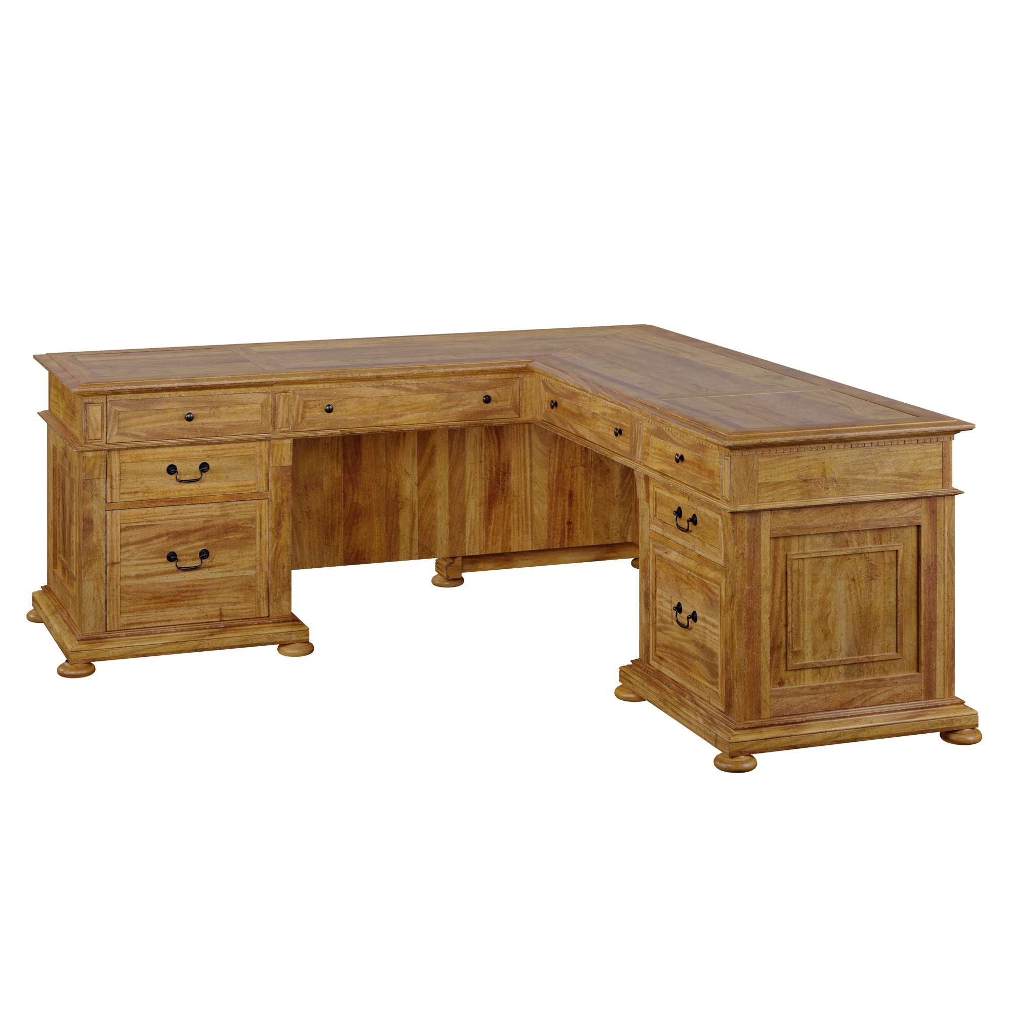 Wellington Hall Office executive L-shape desk with acacia veneers, multiple drawers, drop front keyboard drawer, and classic design