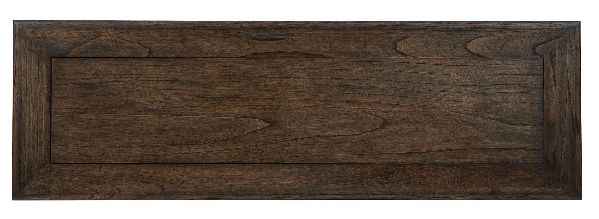 Wellington Estates sofa table top in Java finish with mindi veneers, dentil molding, and tapered turned legs detail