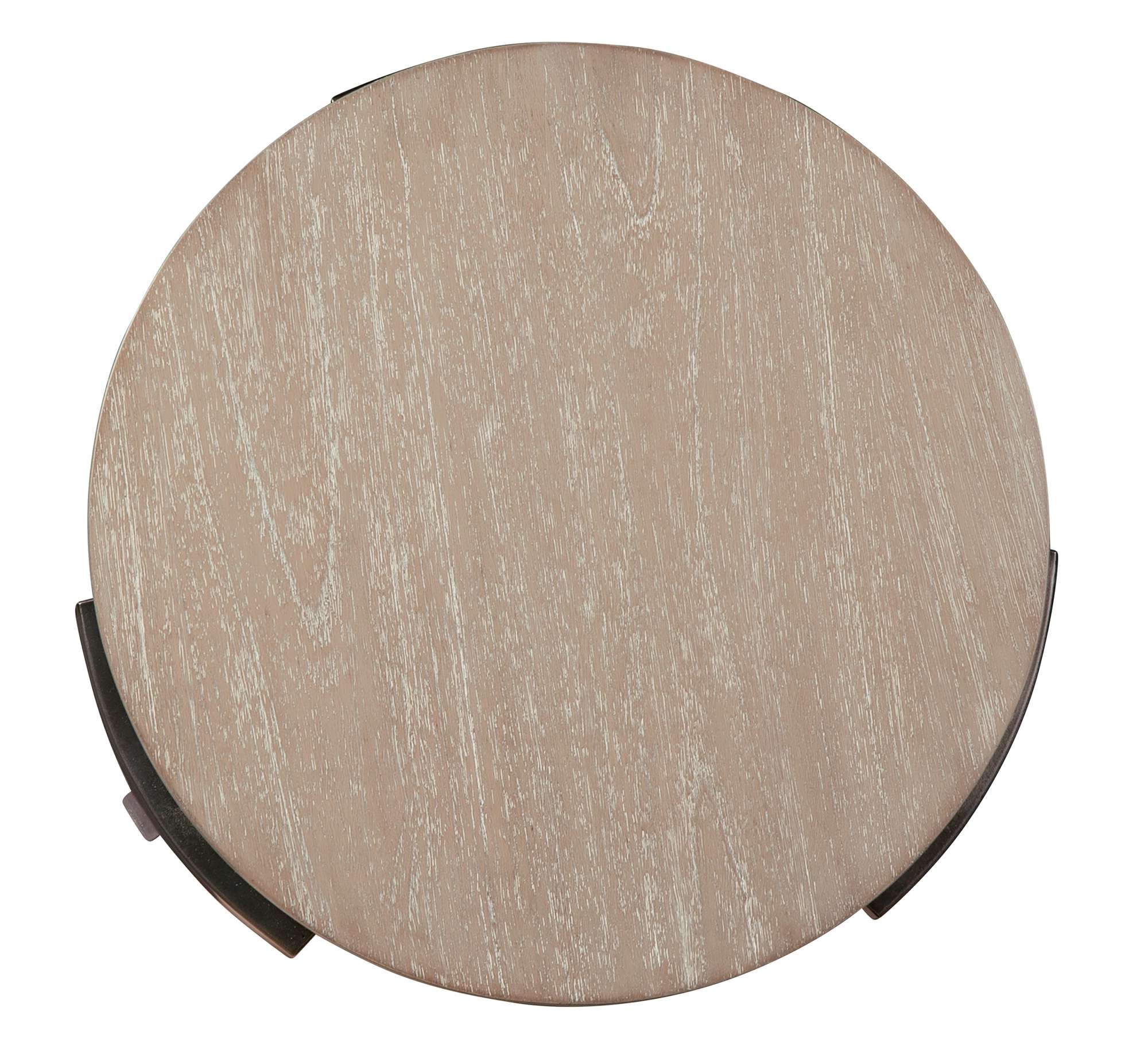 Scottsdale end table round 2-inch build-up mindi veneer top with aged iron 1-inch square metal legs