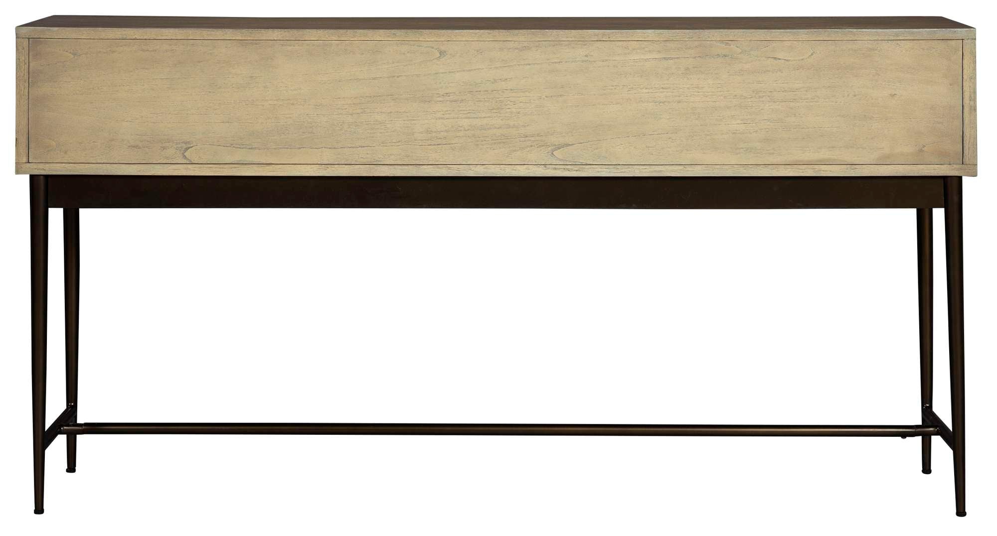 Sofa table with select solid and veneer wood, antique brass bar pulls, metal tapered legs, stretcher bar, and Special Reserve finish