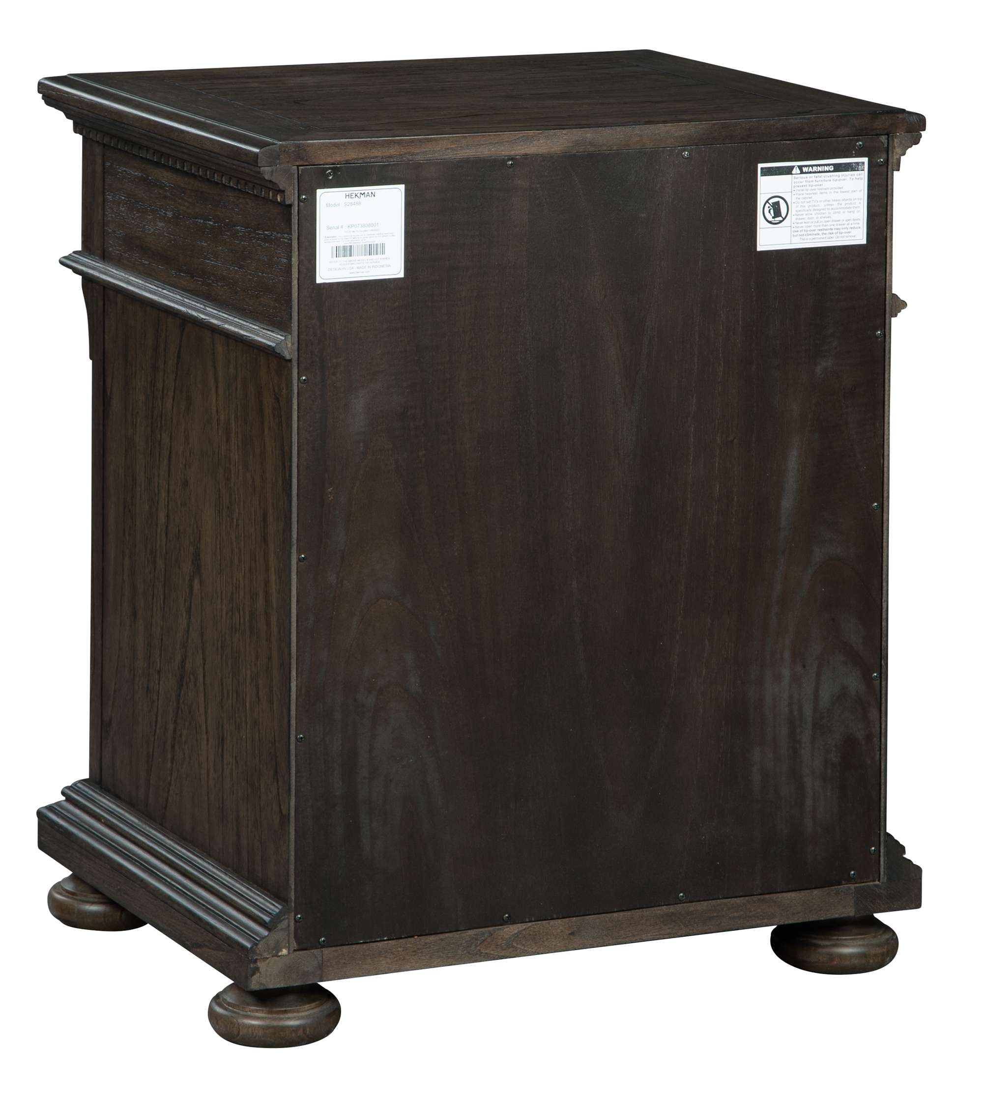 Wellington Estates Office File Cabinet in rustic antique brown with solid mindi wood and sturdy base shown from back.