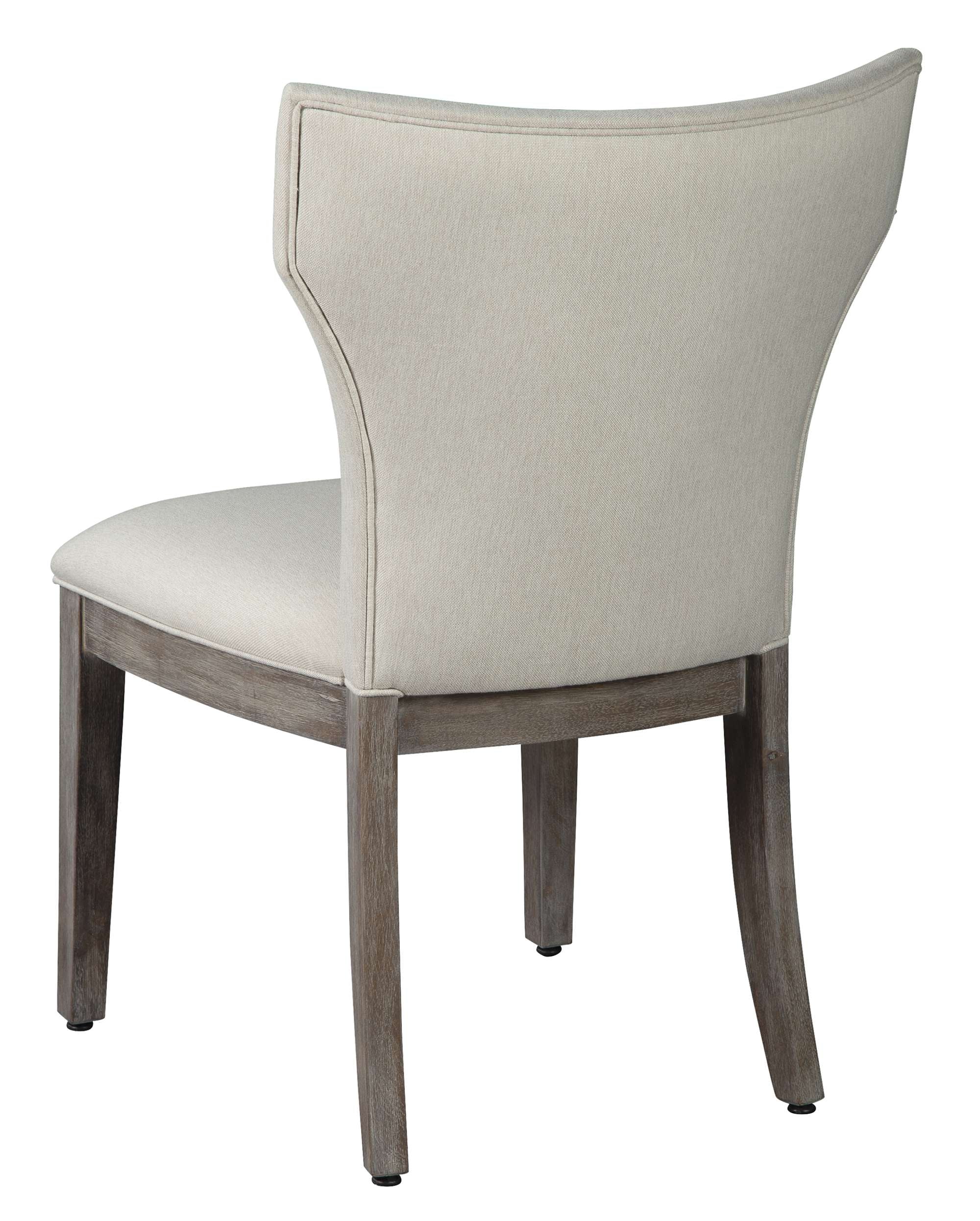 Sedona Side Chair with gracefully shaped upholstered linen back and seat, select solid wood frame with aged gray and white finish