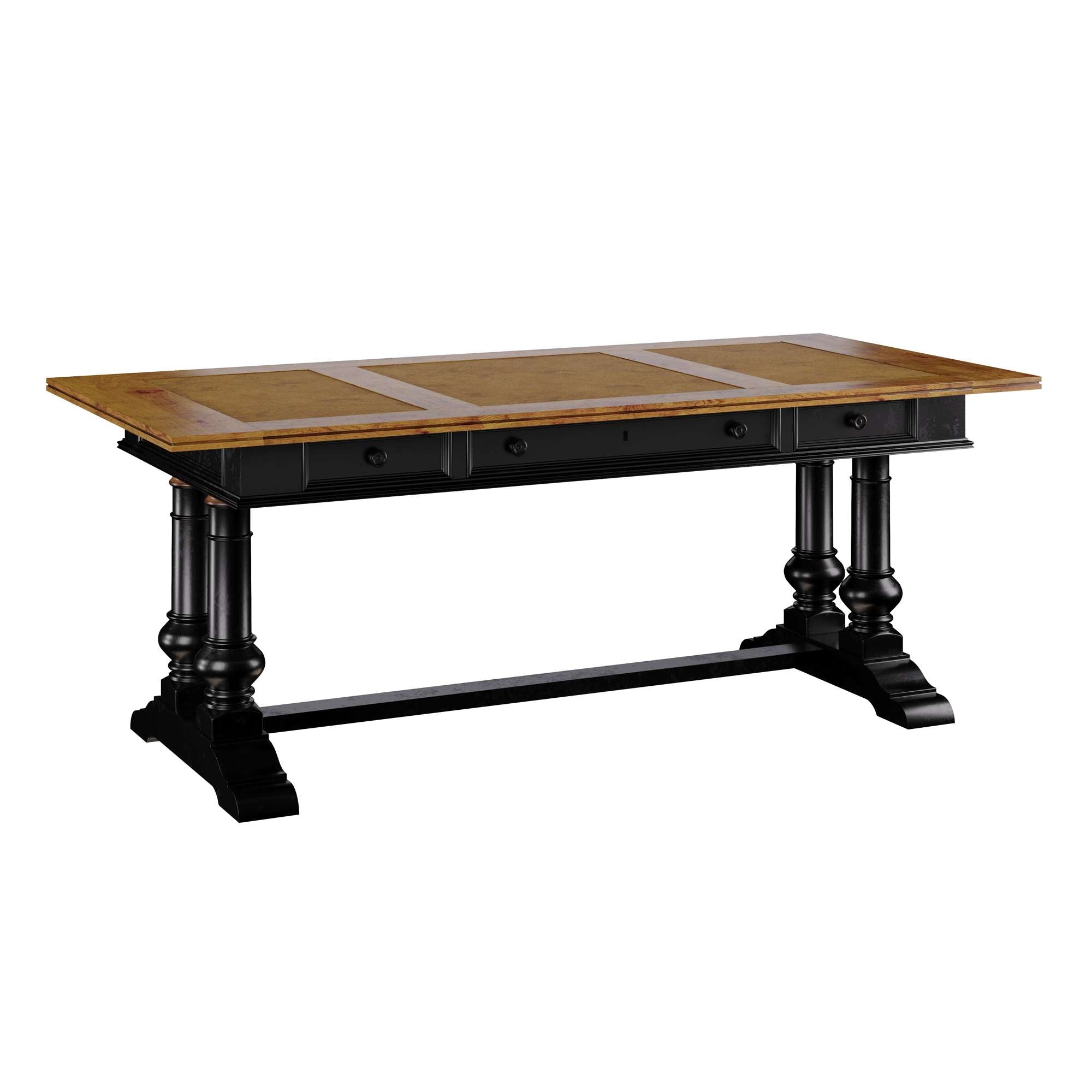 Desk with select solid and veneer top, blind-tooled leather inset, antique brass hardware, two side drawers, and black base