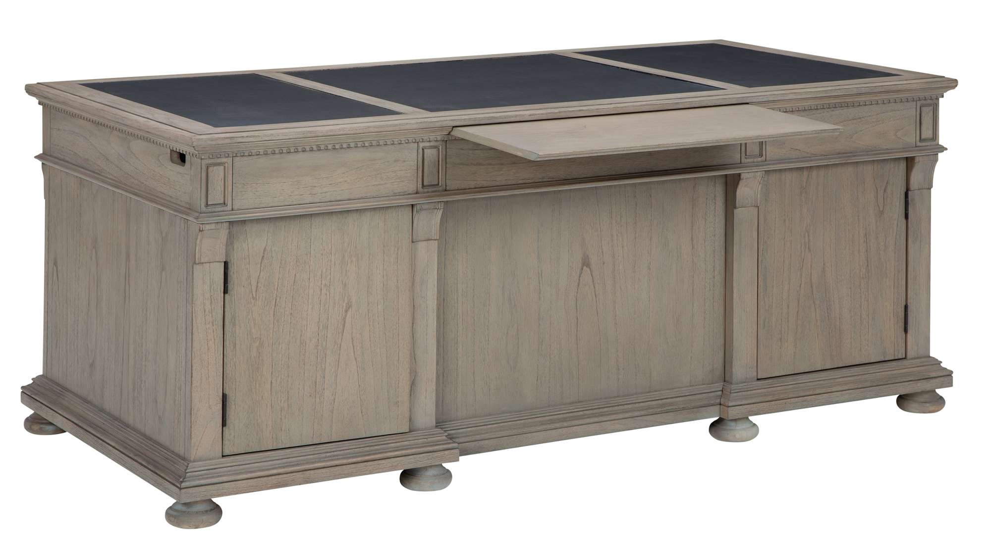 Wellington Estates office executive desk with leather top panels, drop front drawer, mindi wood frame, and spacious storage compartments