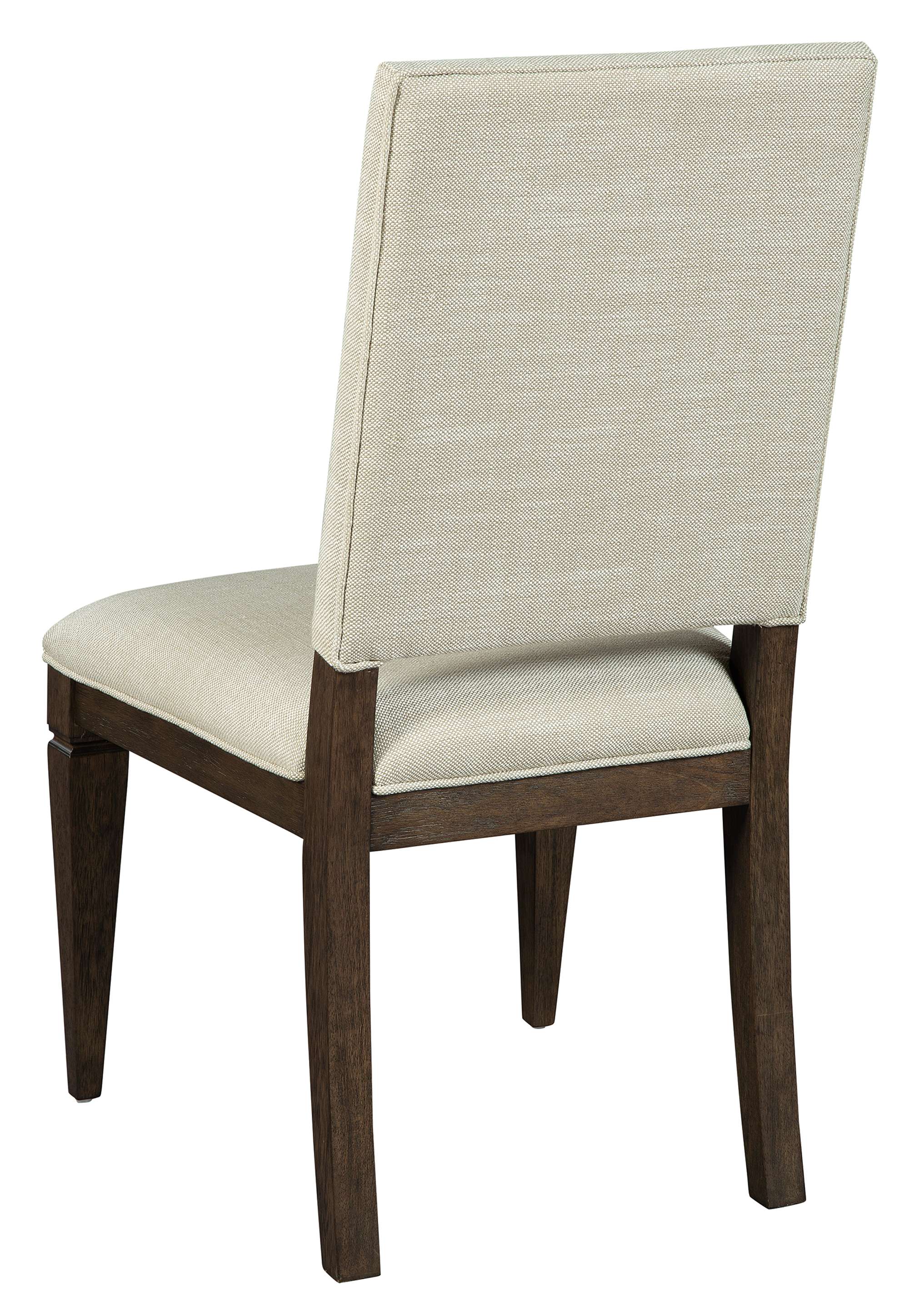 Linwood dining side chair with heavyweight linen upholstery, mindi solids and veneers, and wood frame in Linwood finish