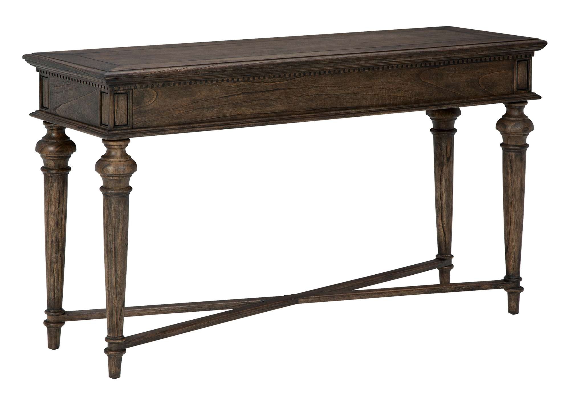 Wellington Estates sofa table with mindi veneers and solids, tapered legs, cross stretchers, two drawers, and Java finish