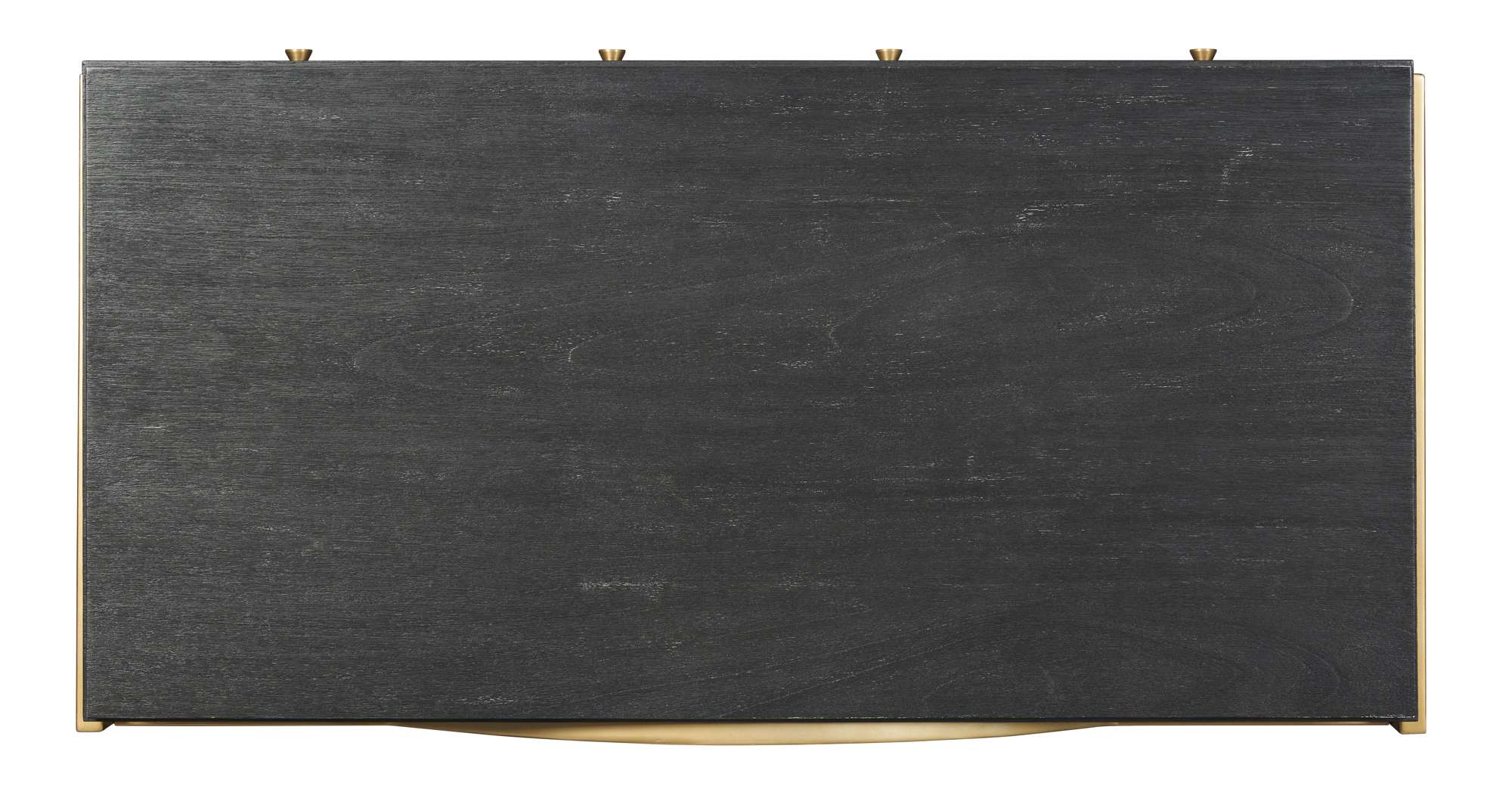 Writing desk top view with black wire brushed finish and brass edges on square legged base with curved stretchers