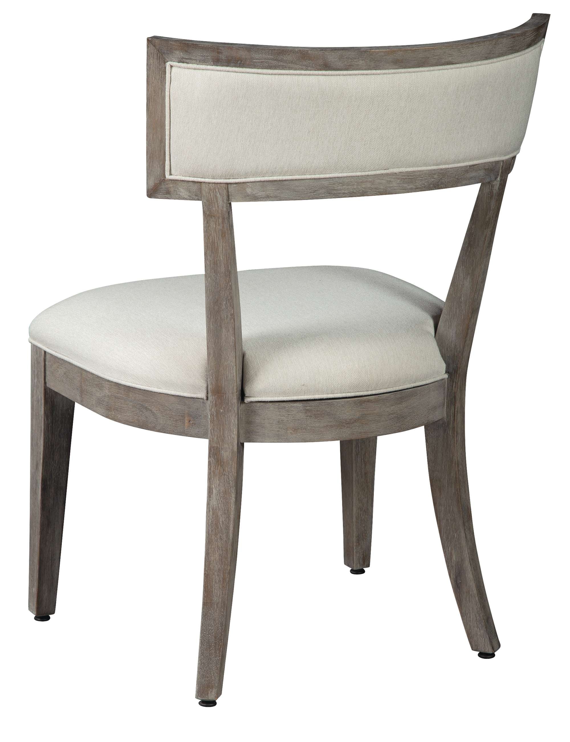 Sedona side chair with aged wood frame, panel back, and heavyweight linen upholstery in gray and white glaze finish