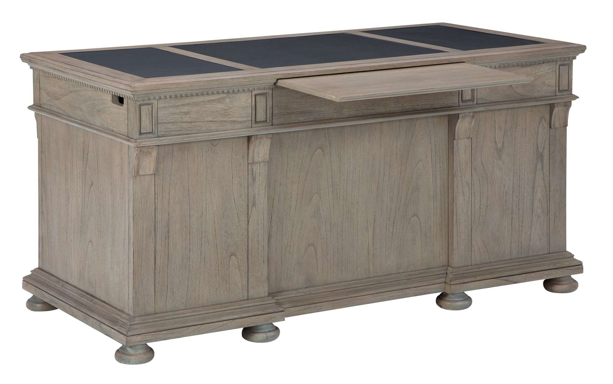 Wellington Estates Office Junior Executive Desk with leather three-panel top, mindi veneers and solids, four box drawers, two file drawers, and drop front keyboard drawer