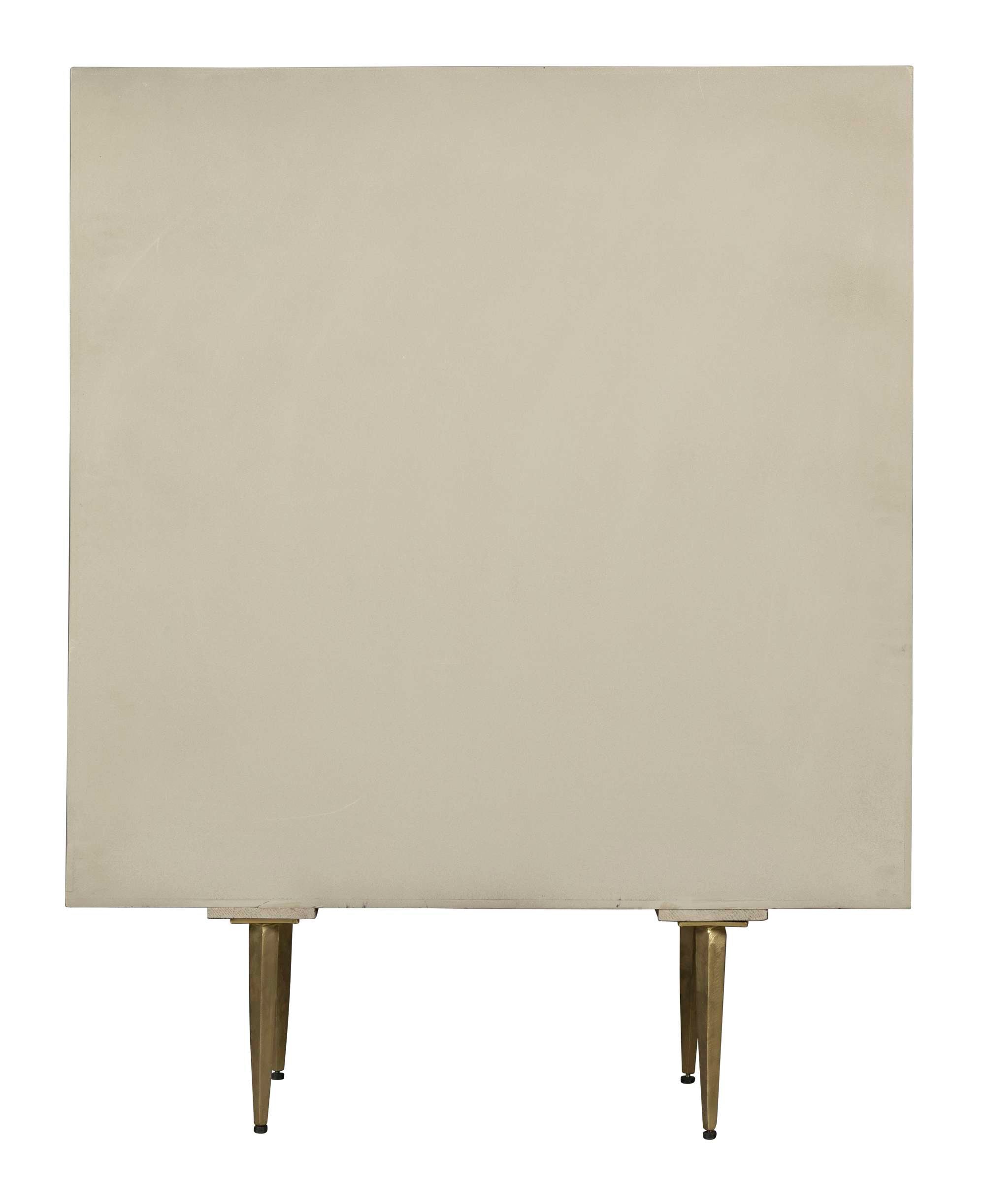 Square accent chest with aged taupe finish, four-lap panel doors, single shelf inside, and tapered plated brass legs