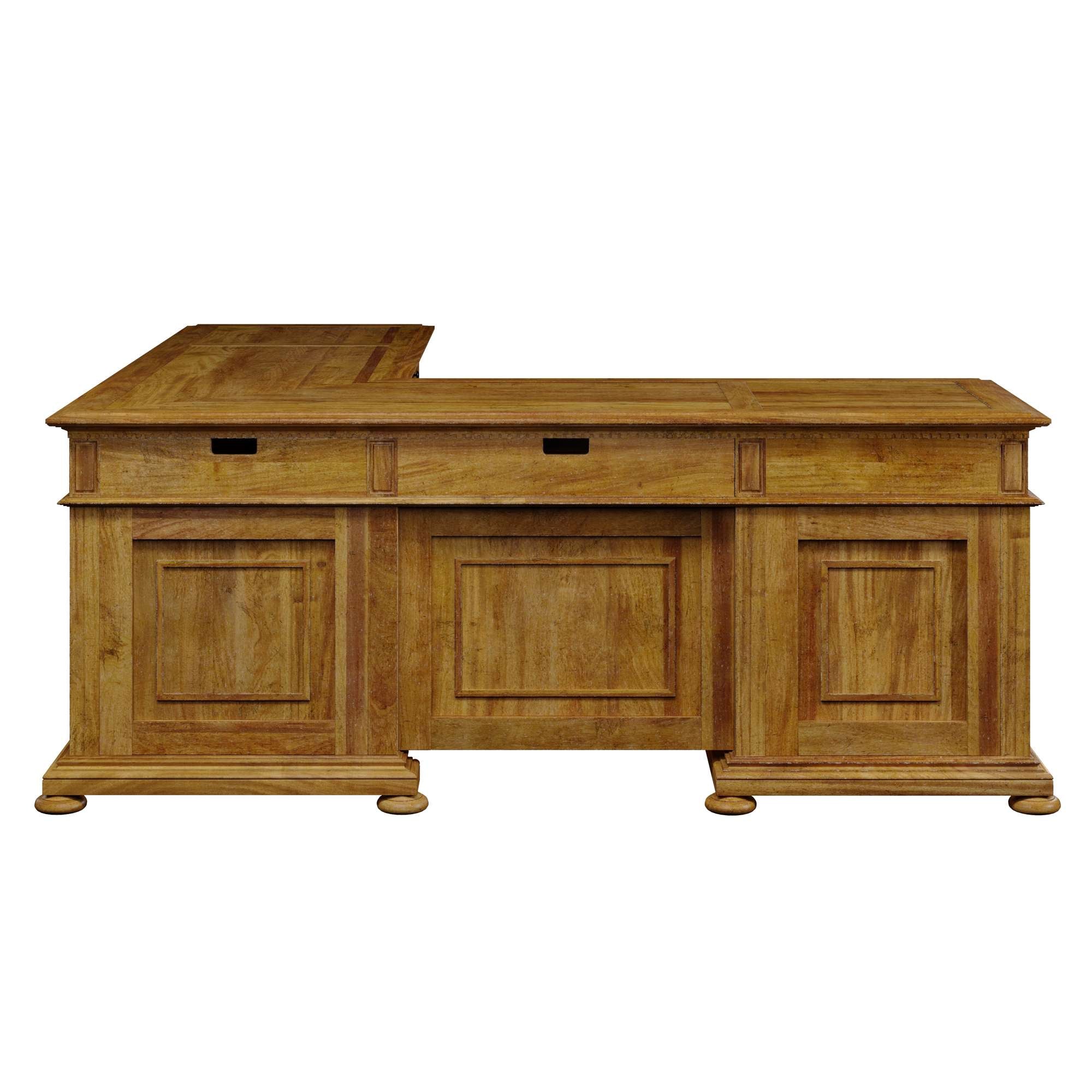 Wellington Hall Office Executive L-shape desk with acacia veneers and solids, multiple drawers, and drop front keyboard drawer