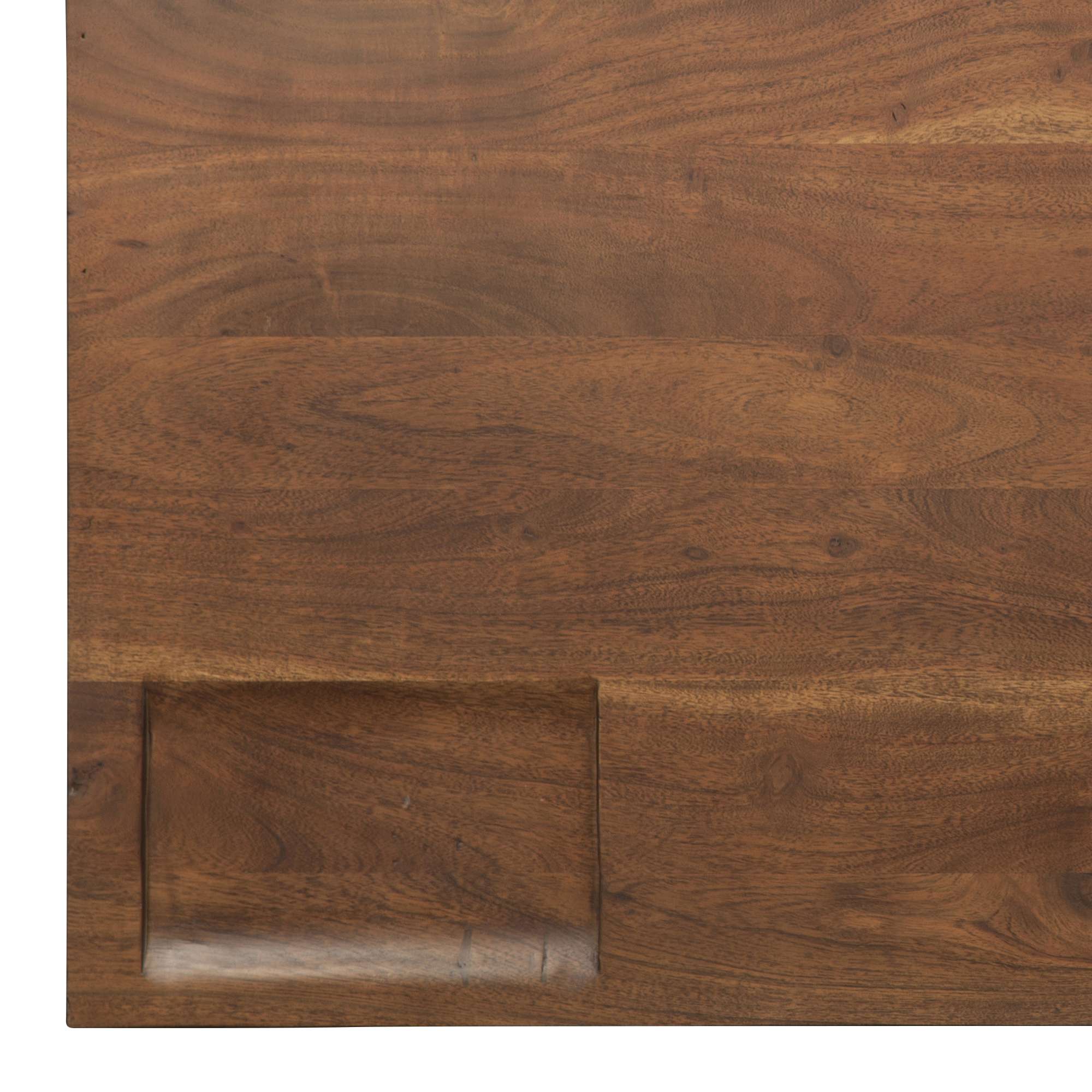 Close-up of solid Acacia wood desk top showing natural grain and decorative spline detail on drawer face
