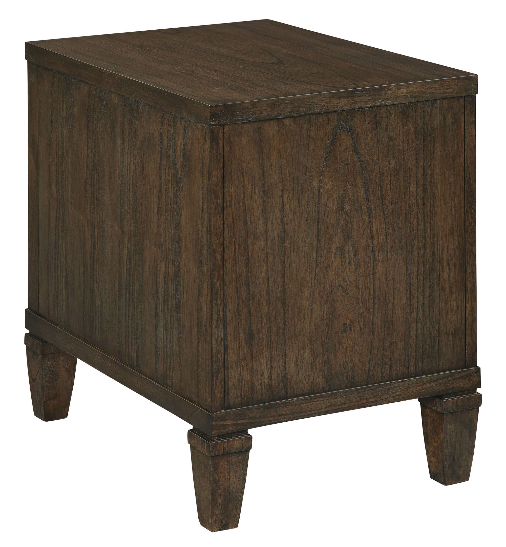 Linwood chairside chest in mindi solids and veneers with stepped drawer faces, round antique brass pulls, and Linwood finish