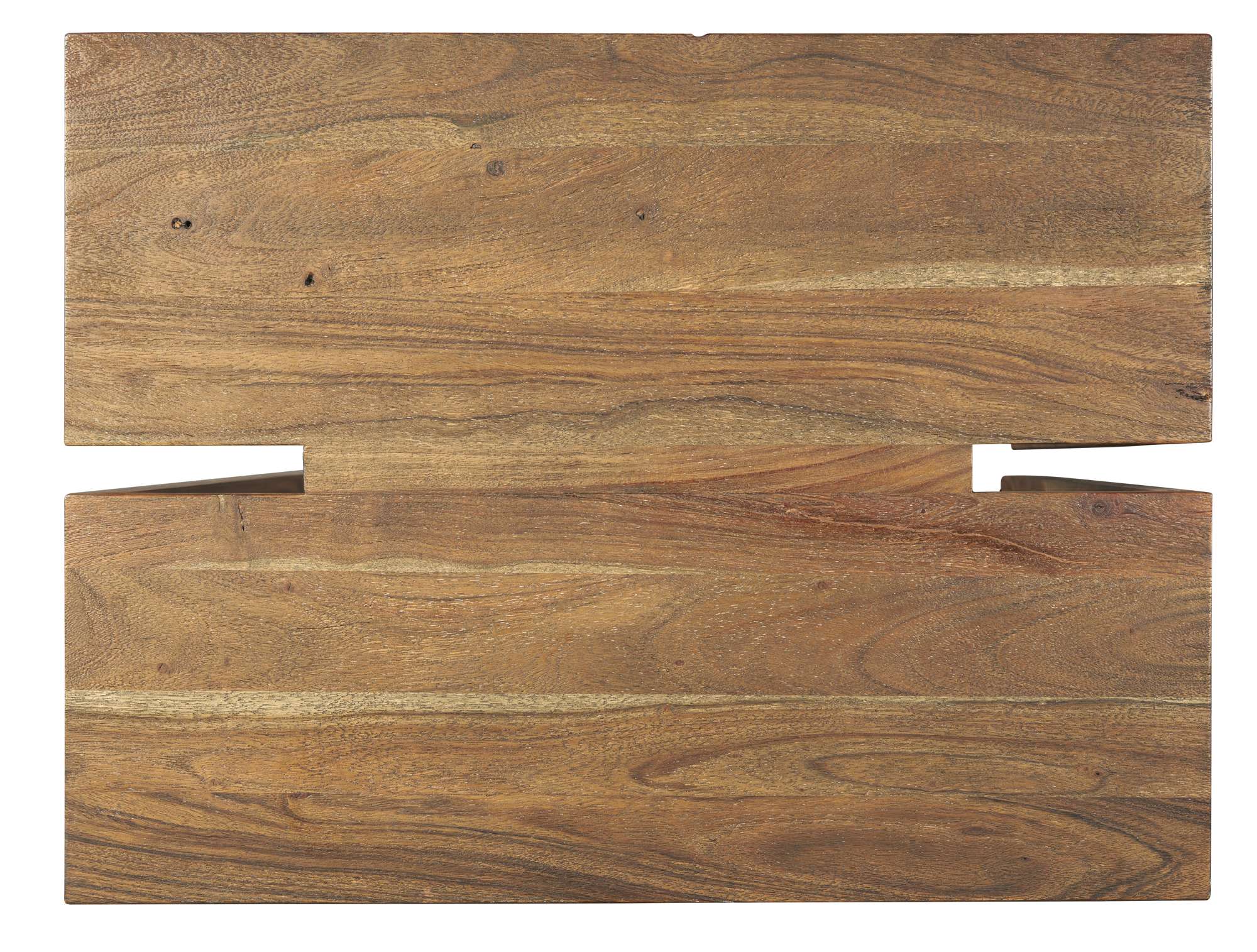 Solid Acacia wood tabletop with natural finish and exposed dovetail joinery showcasing handcrafted detail