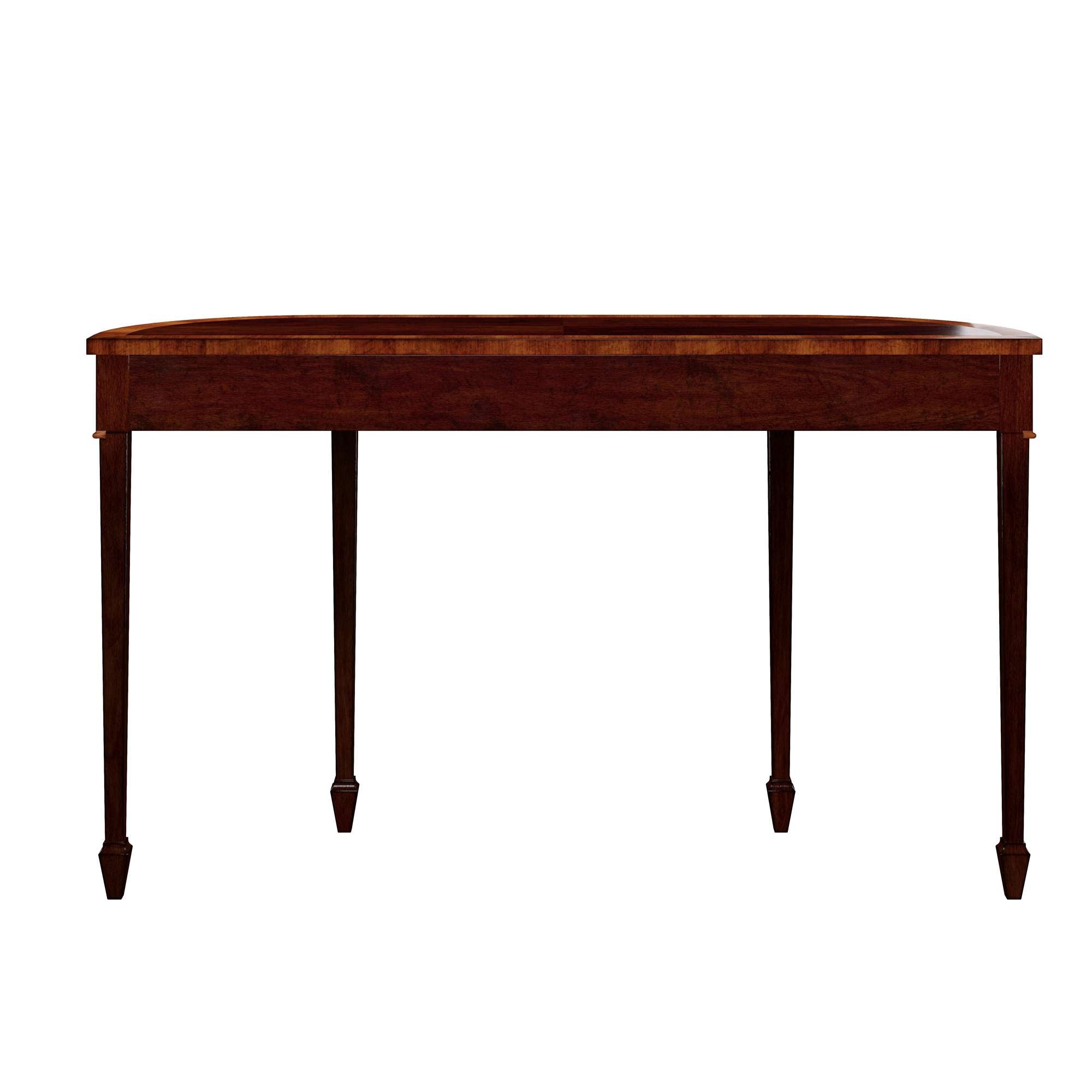 Copley Place sofa table in mahogany solids with yewood border, ebony inlay, one drawer, and brass hardware