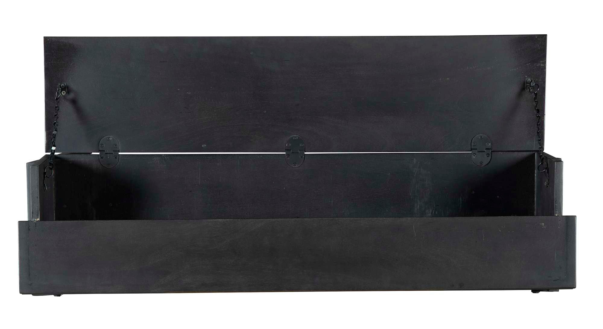 Box-style writing desk with acacia solid wood, black iron frame, open top lid revealing storage and drawers inside