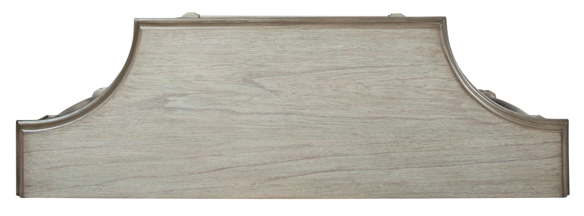 Sofa table with subtle Georgian curves, round-turned legs, center drawer, two faux drawers, and two storage shelves in muted finish