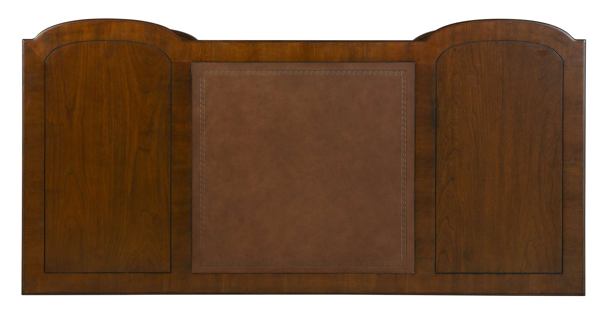 Desk top with three panels, dark brown leather center, cherry veneer, and birch solid wood construction