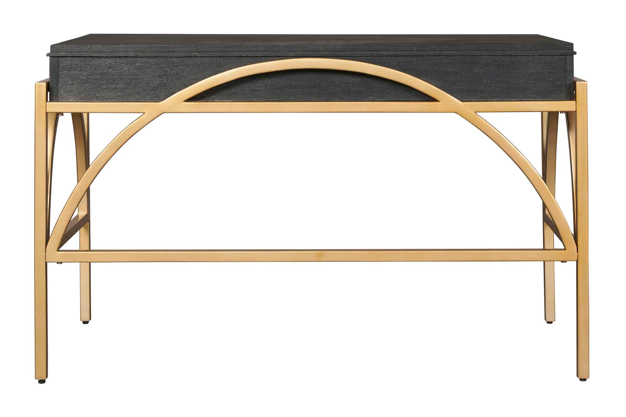 Writing desk with black wire brushed finish, square brass legs, curved brass stretchers, two box drawers, and drop front keyboard drawer