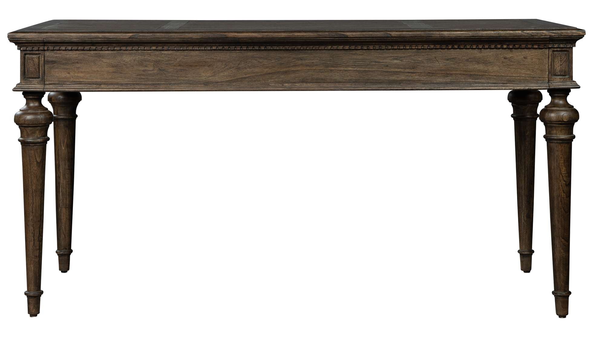 Wellington Estates office desk with mindi veneers and solids, drop front drawer, tapered legs, rustic antique brass hardware, Java finish