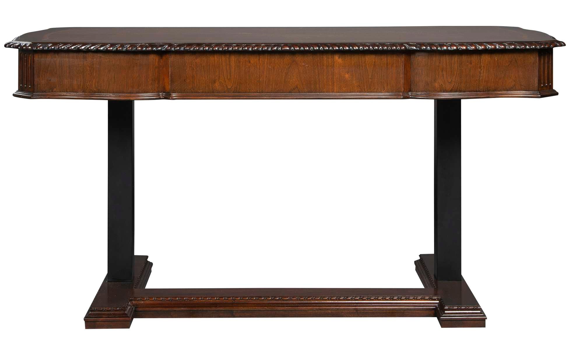 Old World Walnut Burl Adjustable Height Desk with carved edge detailing and dark metal base for height versatility
